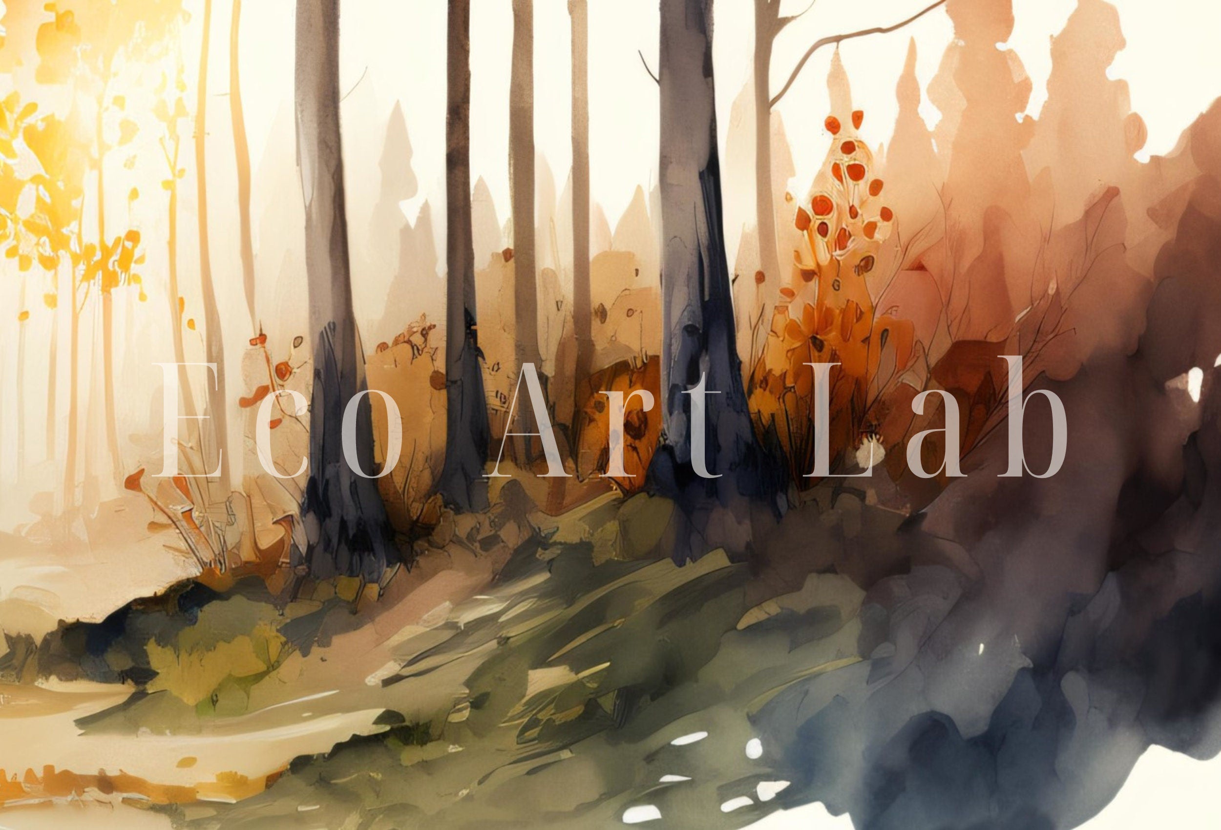 Watercolor Autumn Forest Trees Painting Print. Forest Landscape Printable. Printable Wall Art. Digital Art Nature Decor. Mountain Forest Art