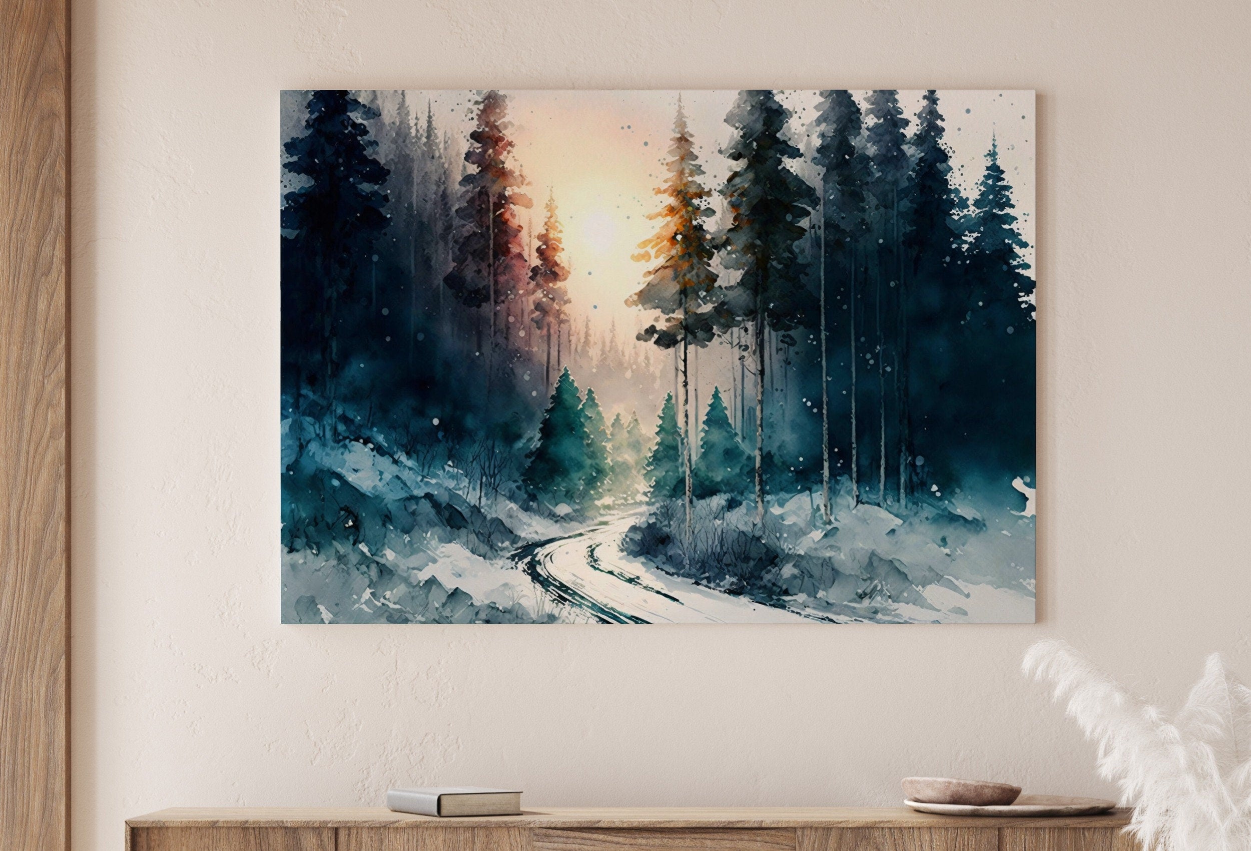 Watercolor Winter Forest Trail Landscape Printable Art. Green Forest Trees Painting Print. Printable Wall Art. Digital Forest Nature Decor