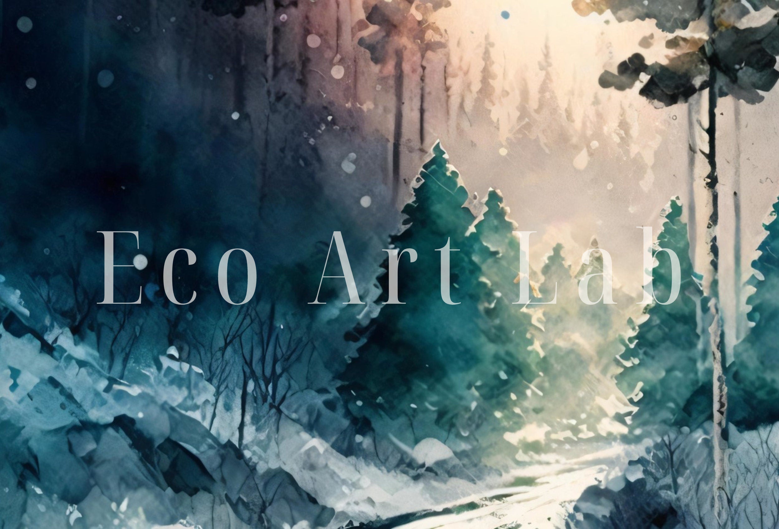 Watercolor Winter Forest Trail Landscape Printable Art. Green Forest Trees Painting Print. Printable Wall Art. Digital Forest Nature Decor
