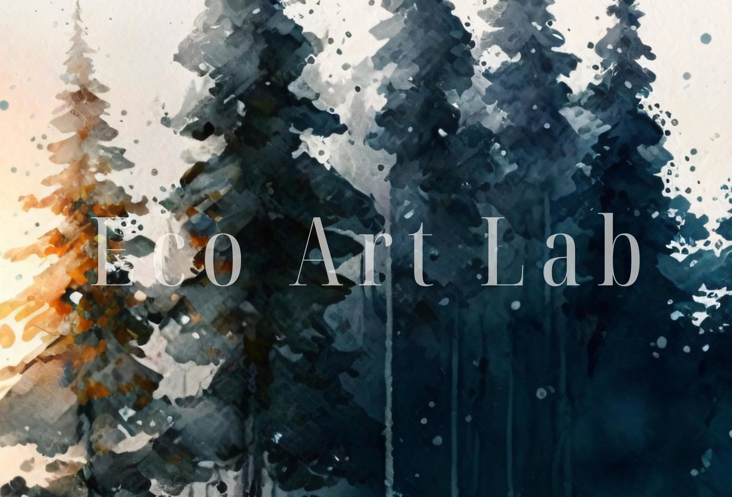 Watercolor Winter Forest Trail Landscape Printable Art. Green Forest Trees Painting Print. Printable Wall Art. Digital Forest Nature Decor