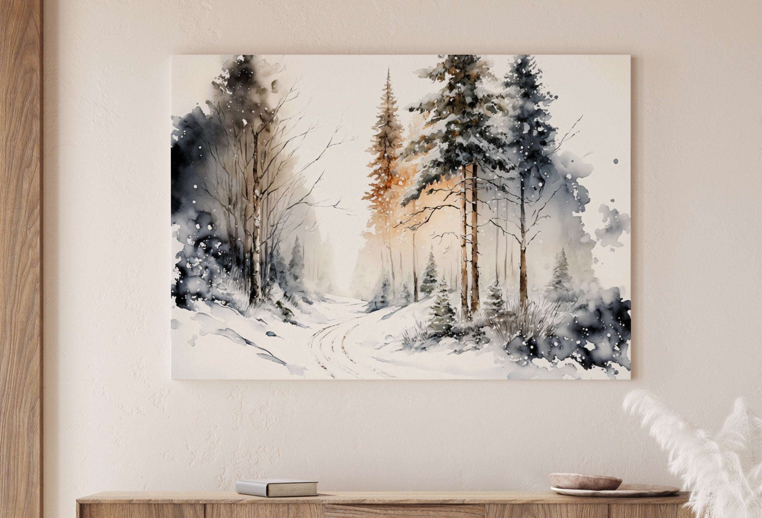 Winter Forest Trail Watercolor Landscape Printable Art. Green Forest Trees Painting Print. Printable Wall Art. Digital Forest Nature Decor