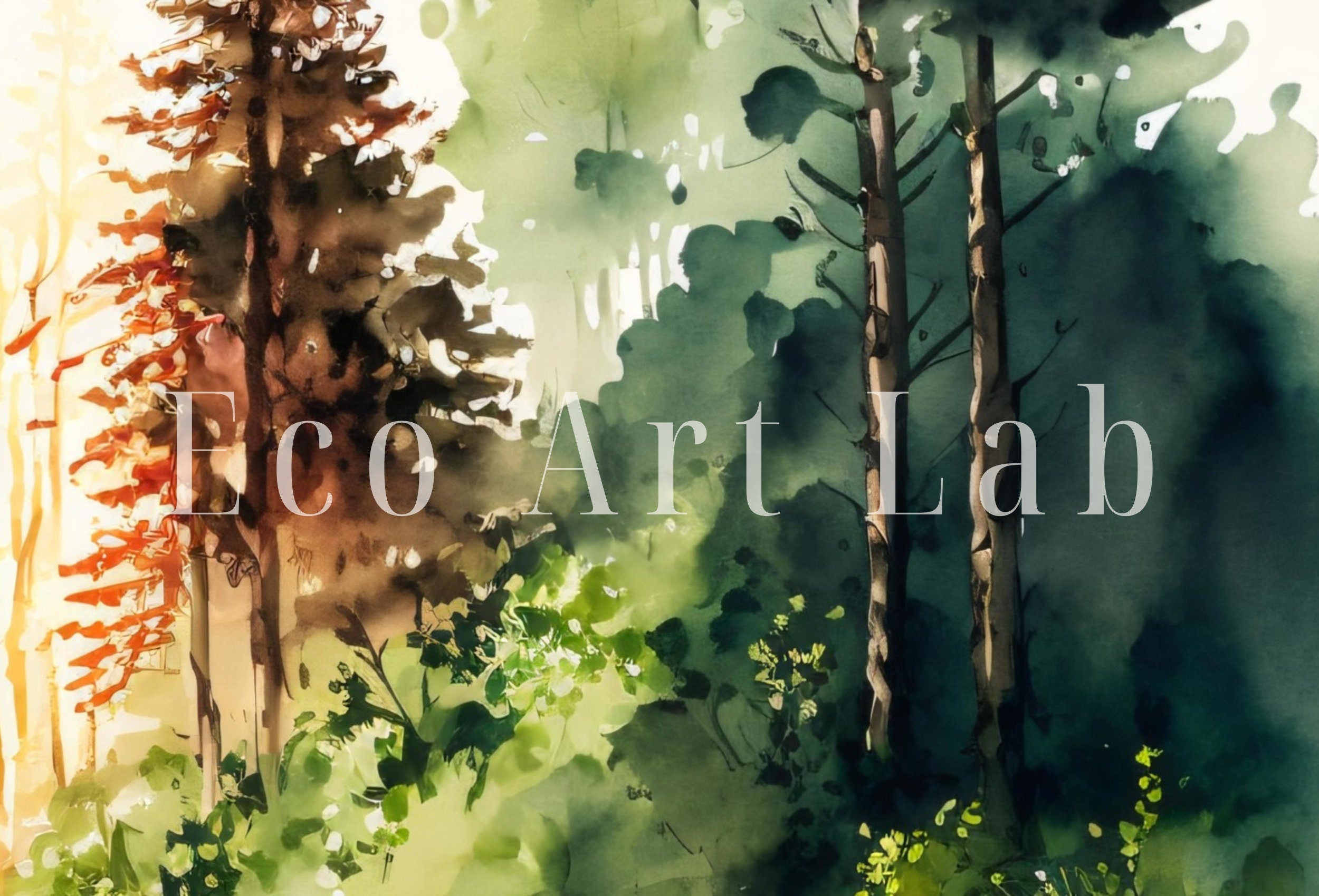 Watercolor Forest Landscape Printable. Green Forest Trees Painting Print. Printable Wall Art. Digital Art. Nature Decor. Mountain Forest Art