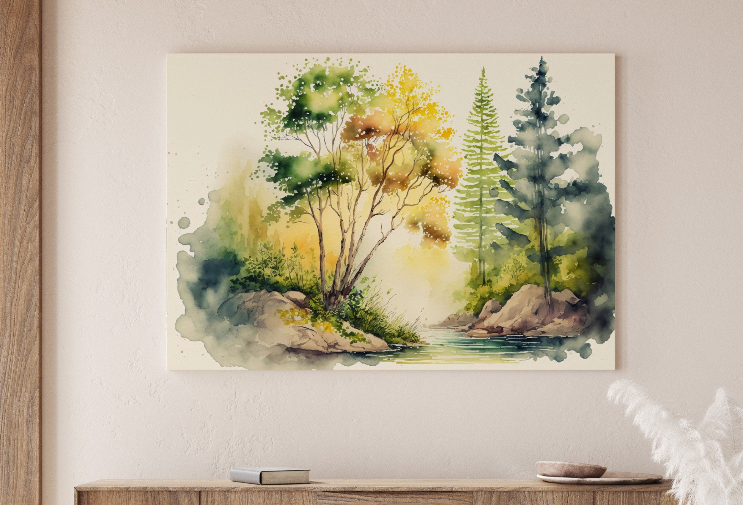 Watercolor Forest River Landscape Printable. Forest Trees Painting Print. Printable Wall Art. Digital Art. Nature Decor. Abstract Forest Art