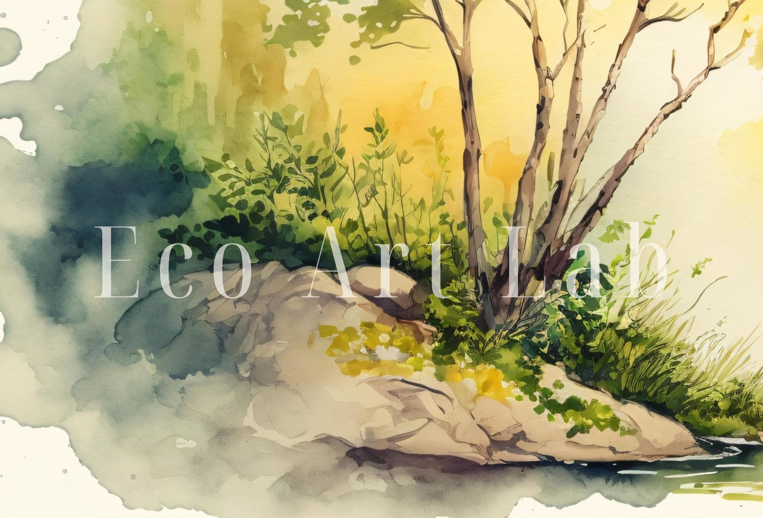 Watercolor Forest River Landscape Printable. Forest Trees Painting Print. Printable Wall Art. Digital Art. Nature Decor. Abstract Forest Art