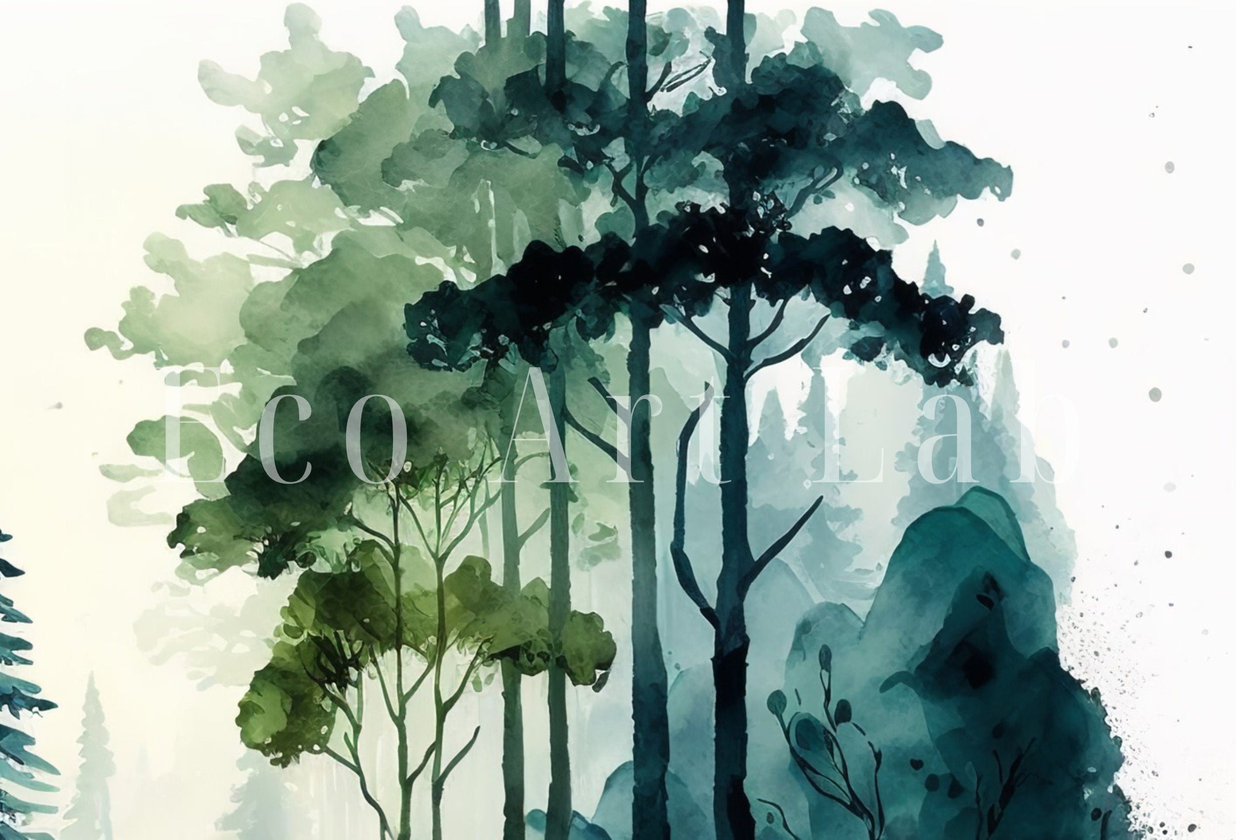 Watercolor Forest Landscape Printable. Printable Wall Art. Green Forest Trees Painting Print. Digital Art. Nature Decor. Forest Painting Art