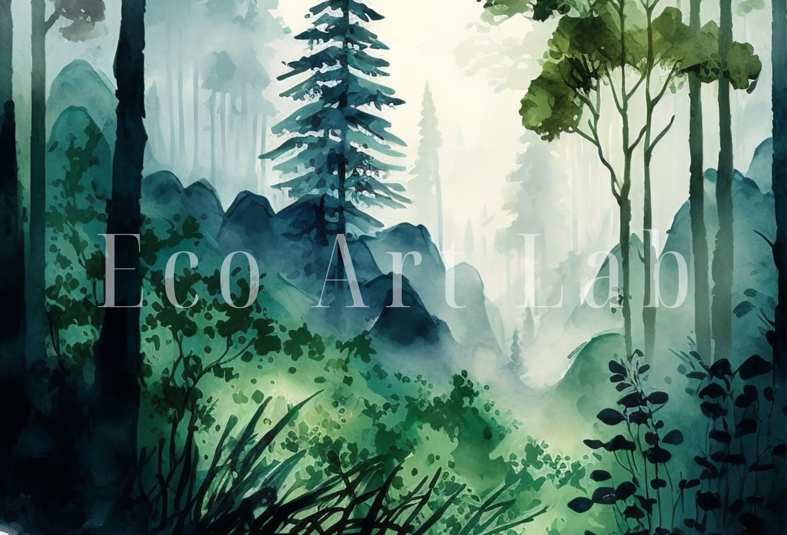 Watercolor Forest Landscape Printable. Printable Wall Art. Green Forest Trees Painting Print. Digital Art. Nature Decor. Forest Painting Art