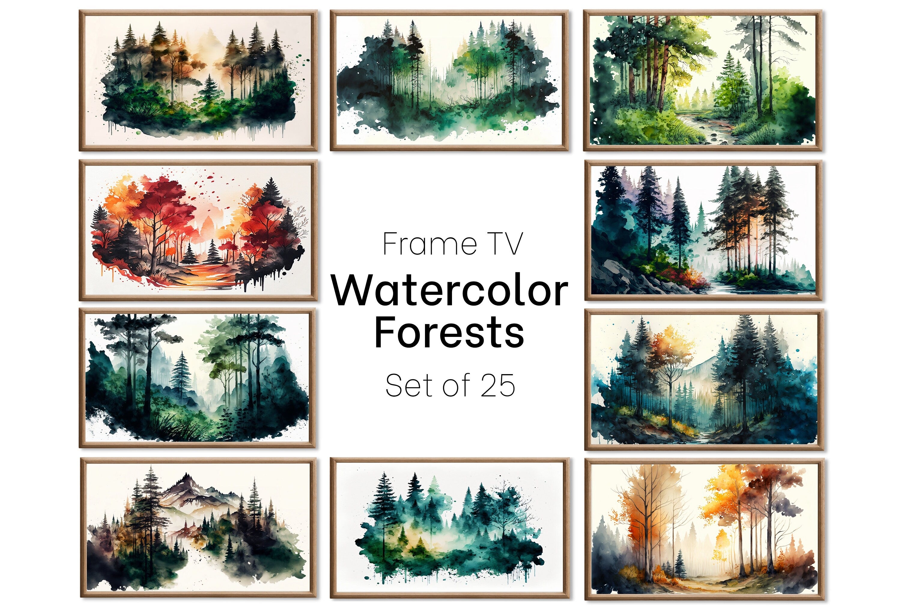 Set of 25 Samsung Frame TV 4K Art. Forests Landscape Watercolor Paintings. Nature Collection TV Art Set. Instant Download Frame TV Art