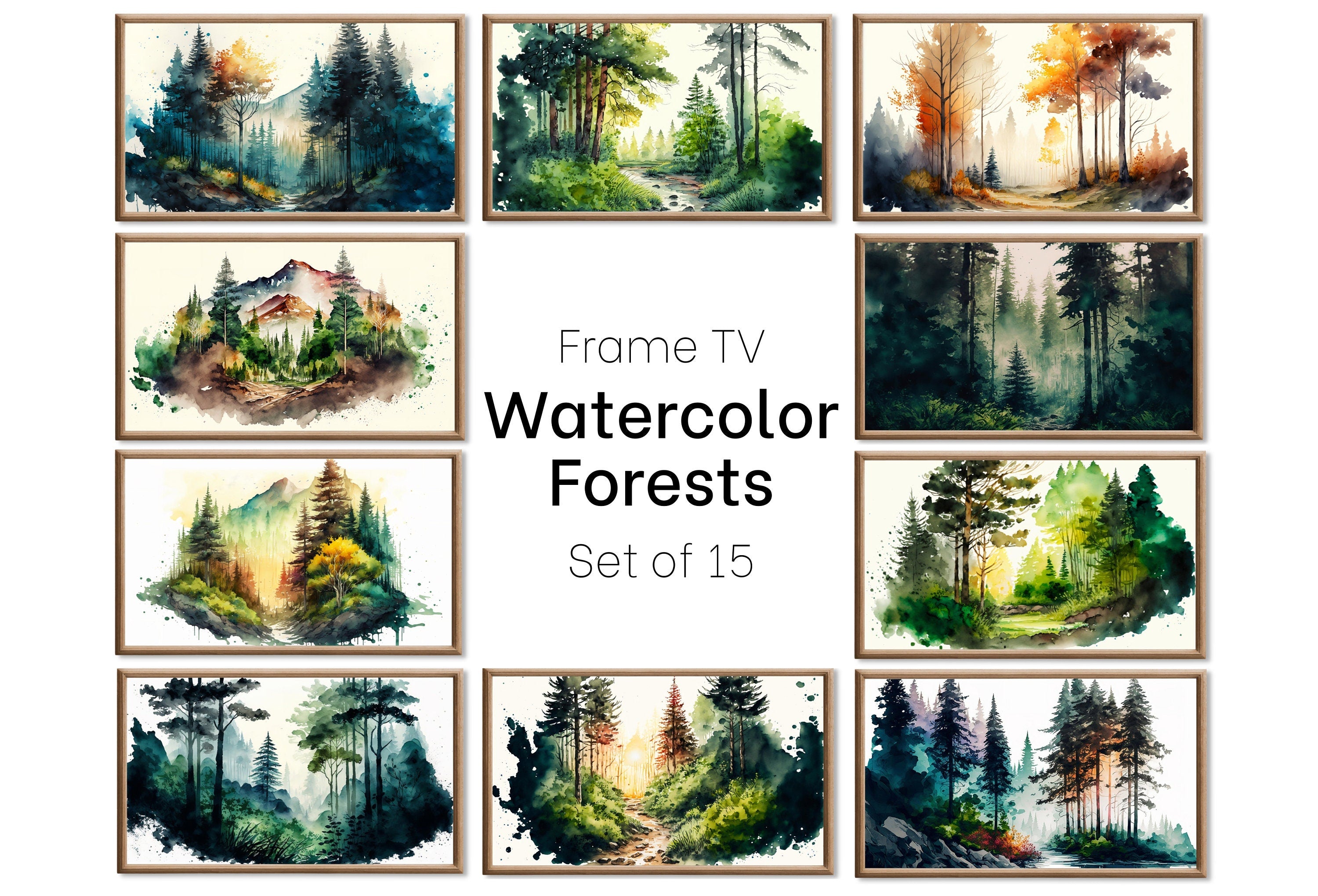 Set of 15 Samsung Frame TV 4K Art. Forests Landscape Watercolor Paintings. Nature Collection TV Art Set. Instant Download Frame TV Art