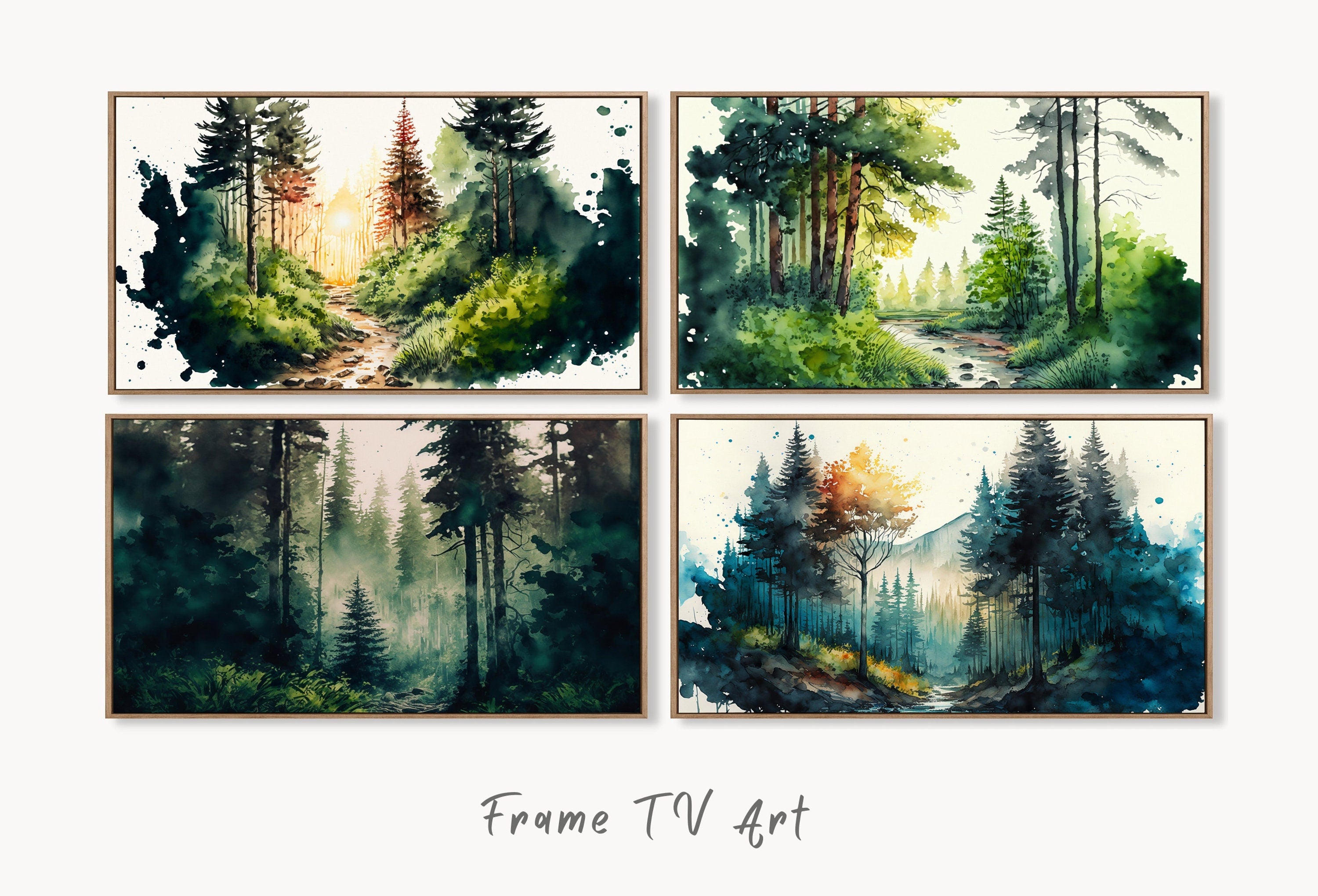 Set of 4 Samsung Frame TV 4K Art. Watercolor Forests Landscape Digital Paintings. Instant Download Forest Art Set for Samsung Frame TV.