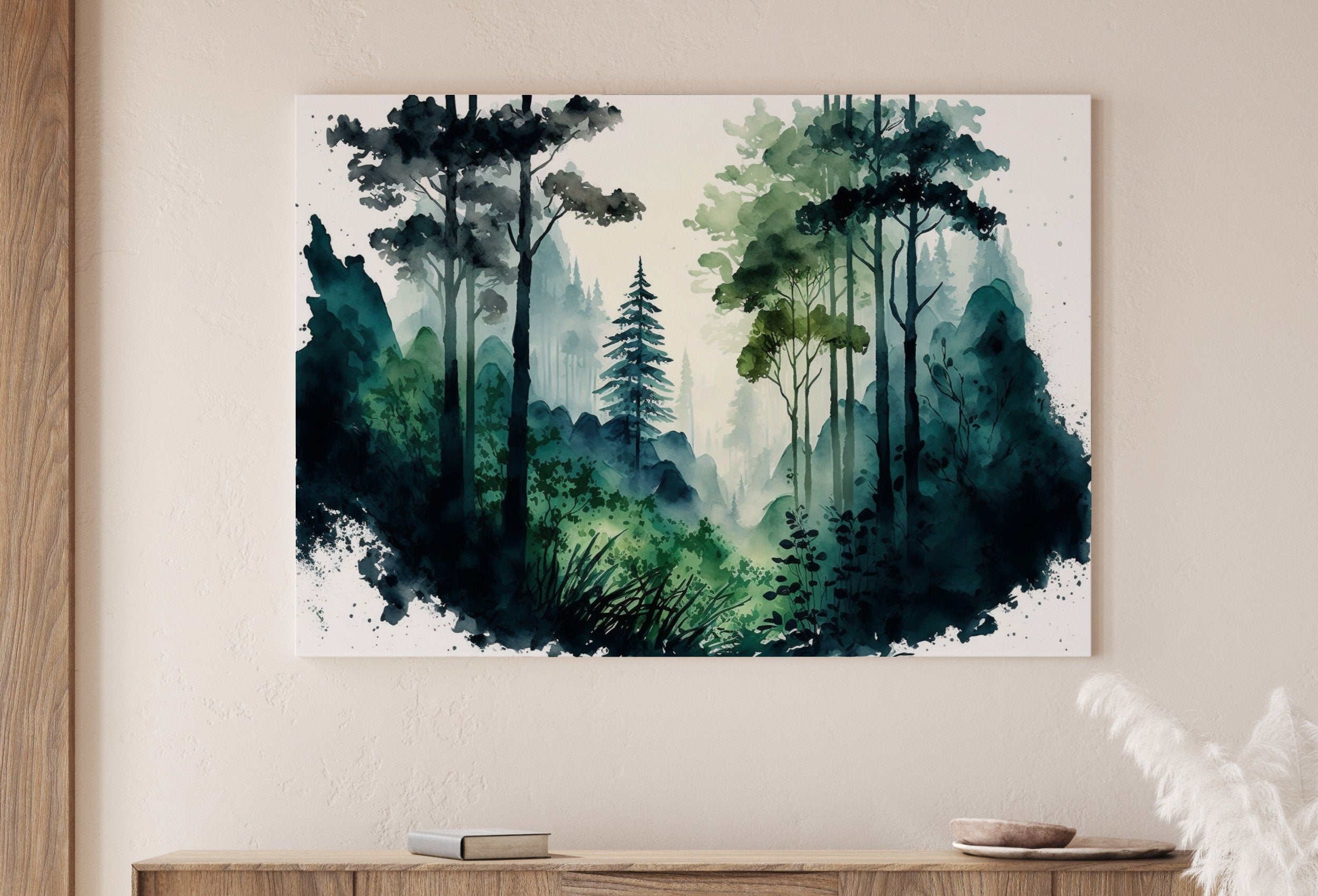 Watercolor Forest Landscape Printable. Printable Wall Art. Green Forest Trees Painting Print. Digital Art. Nature Decor. Forest Painting Art