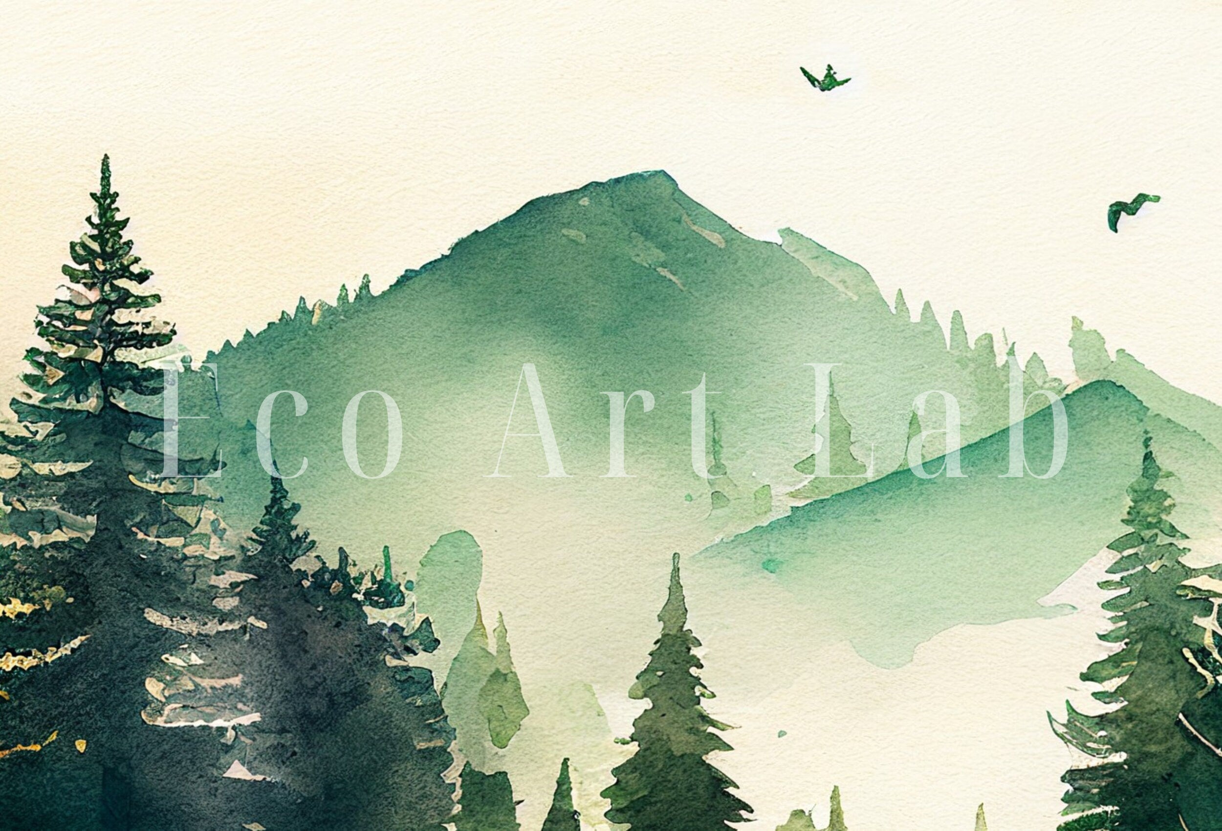 Watercolor Forest Mountain Printable. Landscape Forest Printable Wall Art. Minimalist Forest Trees Painting Print. Digital Art. Nature Decor