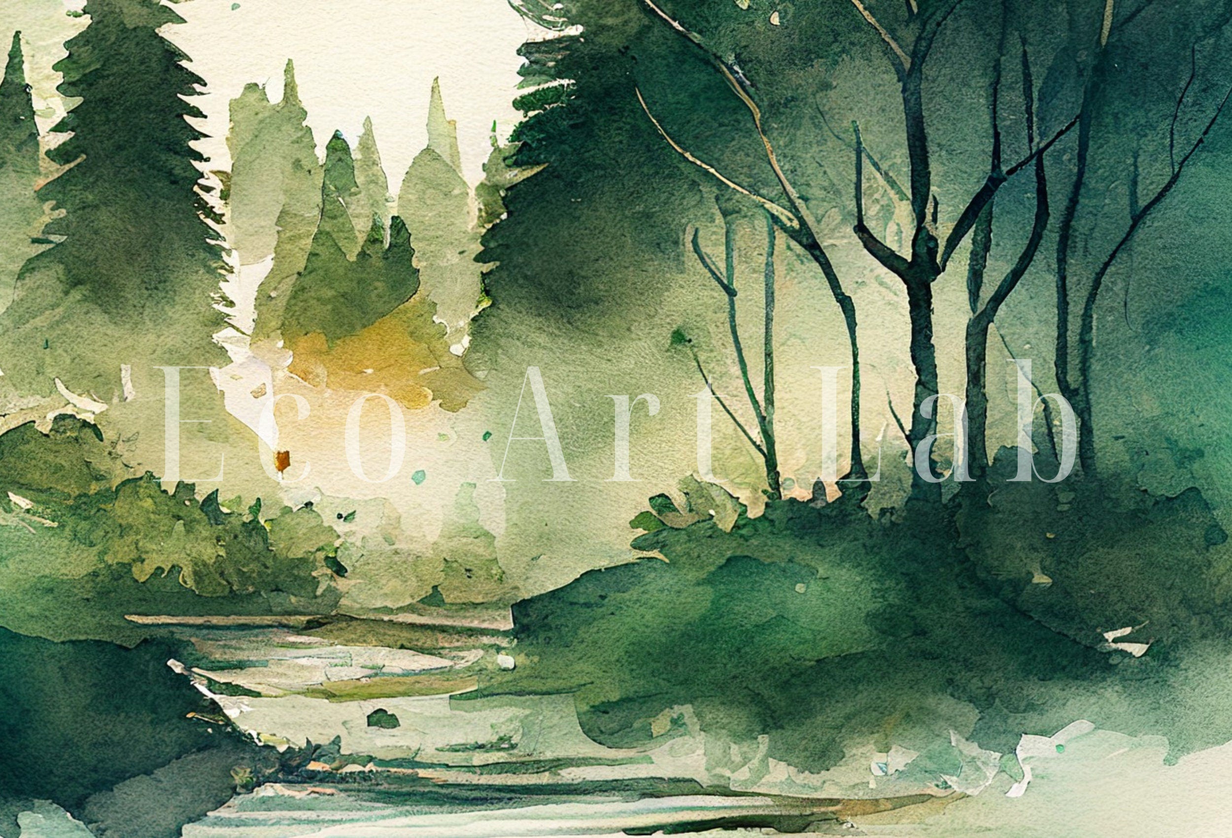 Watercolor Forest Mountain Printable. Landscape Forest Printable Wall Art. Minimalist Forest Trees Painting Print. Digital Art. Nature Decor