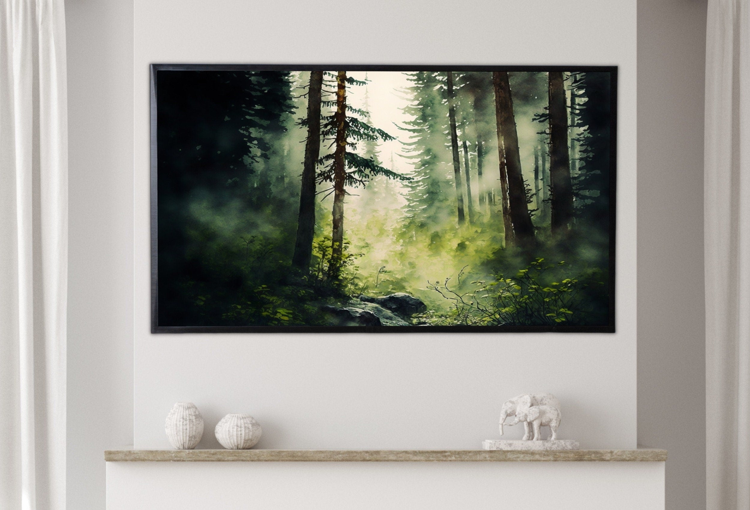 Samsung Frame TV Art 4K Green Watercolor Forest Landscape Painting. Instant Download. Dense Forest Art for Samsung Frame TV. Art for TV