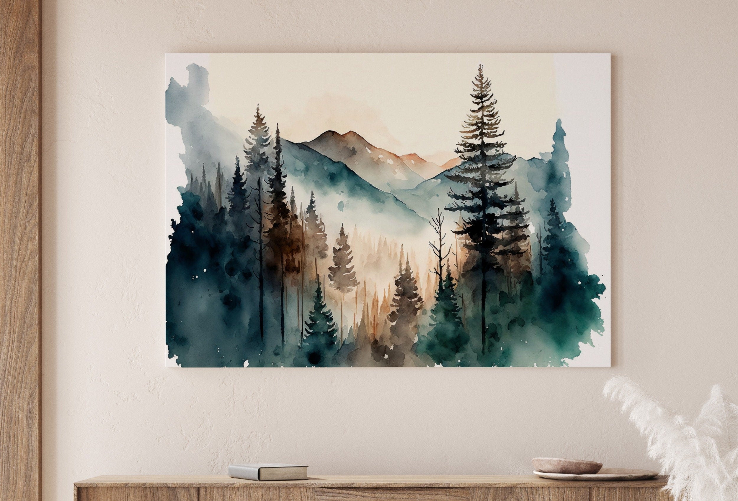 Abstract Forest & Mountain Watercolor Painting. Colorful Forest Landscape. Printable Nature Art. Mountain Forest Art. Printable Wall Art