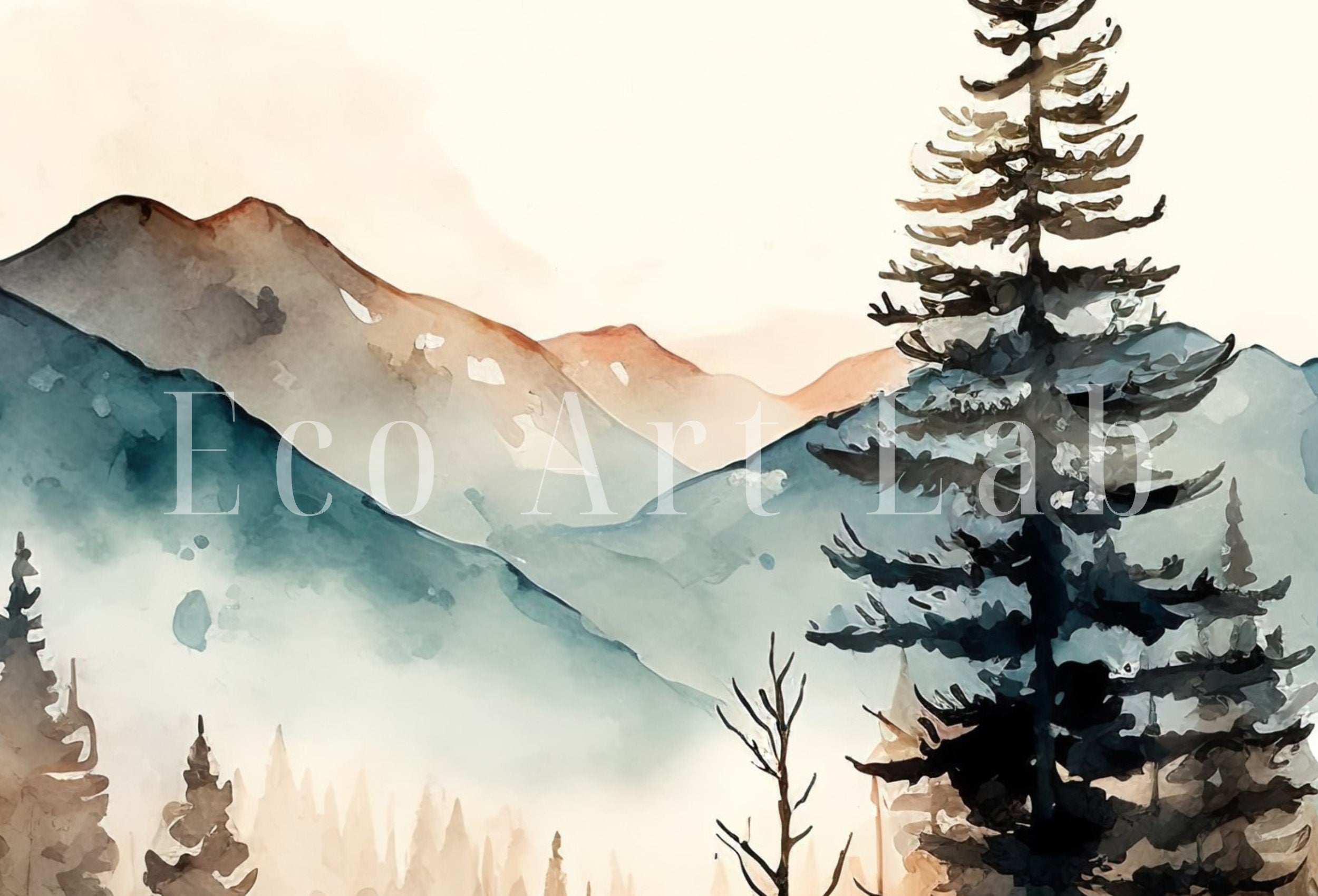 Abstract Forest & Mountain Watercolor Painting. Colorful Forest Landscape. Printable Nature Art. Mountain Forest Art. Printable Wall Art