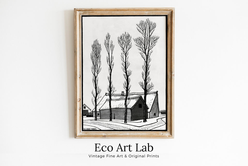 Winter Scene Vintage Art Nouveau Print. Instant Download Black and White Print. Julie De Graag Poster Printable Wall Art. Art Nouveau Poster