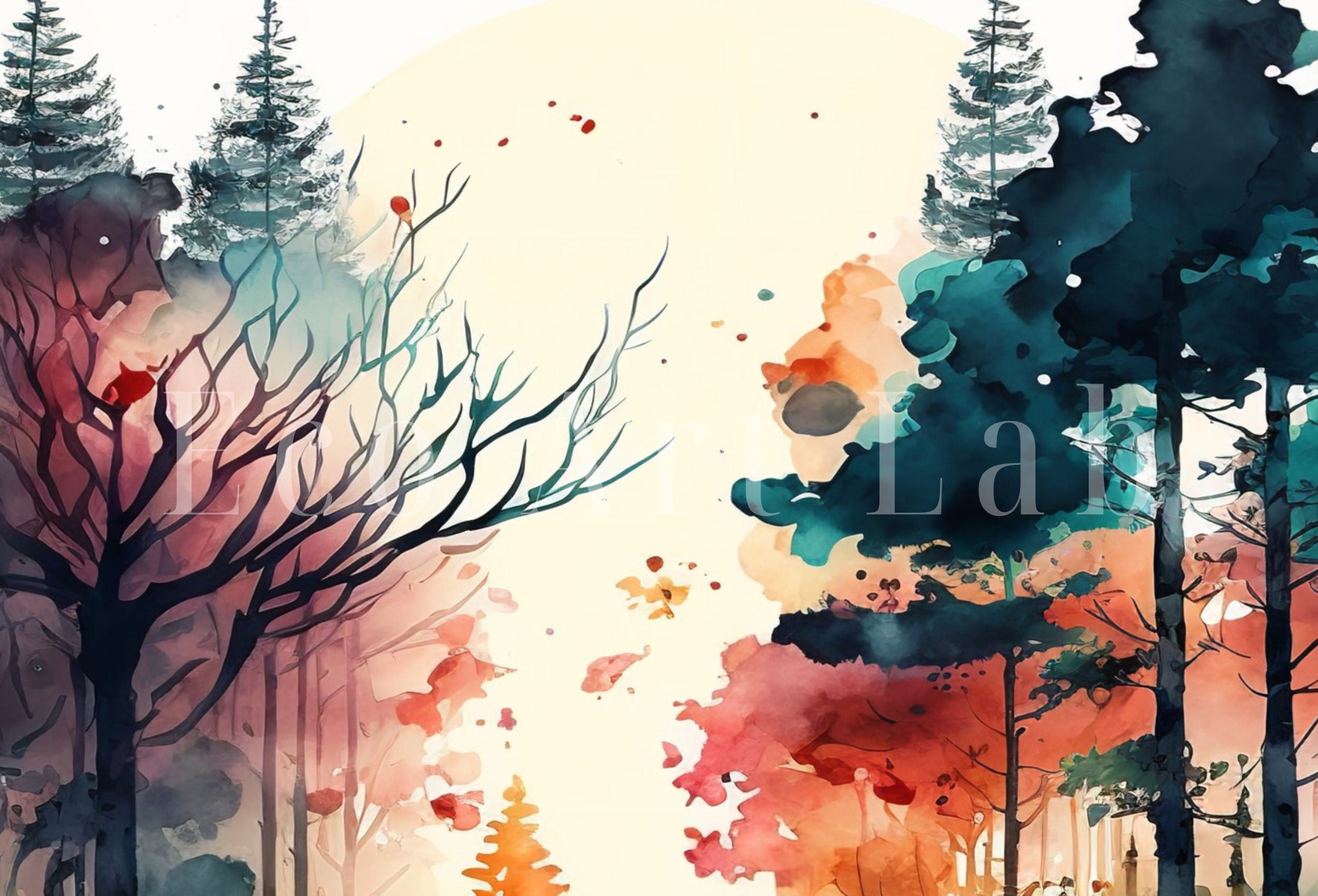 Abstract Colorful Forest Trees Painting. Printable Wall Art. Nature Decor Print. Watercolor Forest Landscape Printable Painting. Forest Art