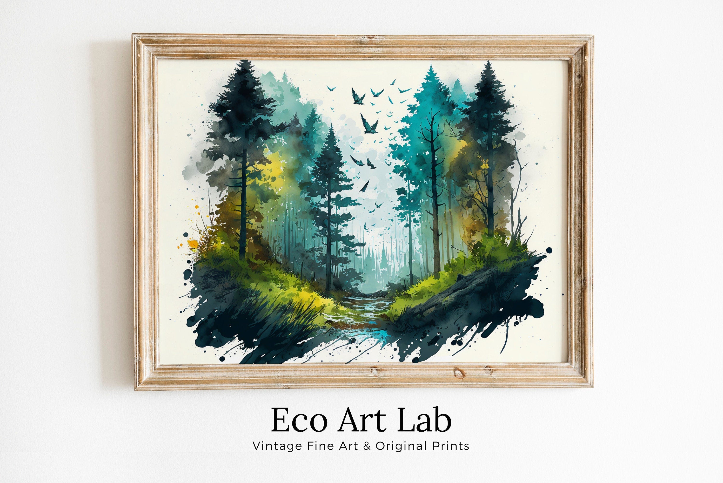 Watercolor Forest Landscape Printable. Printable Wall Art. Green Forest with Birds. Trees Painting Print. Nature Decor. Mountain Forest Art