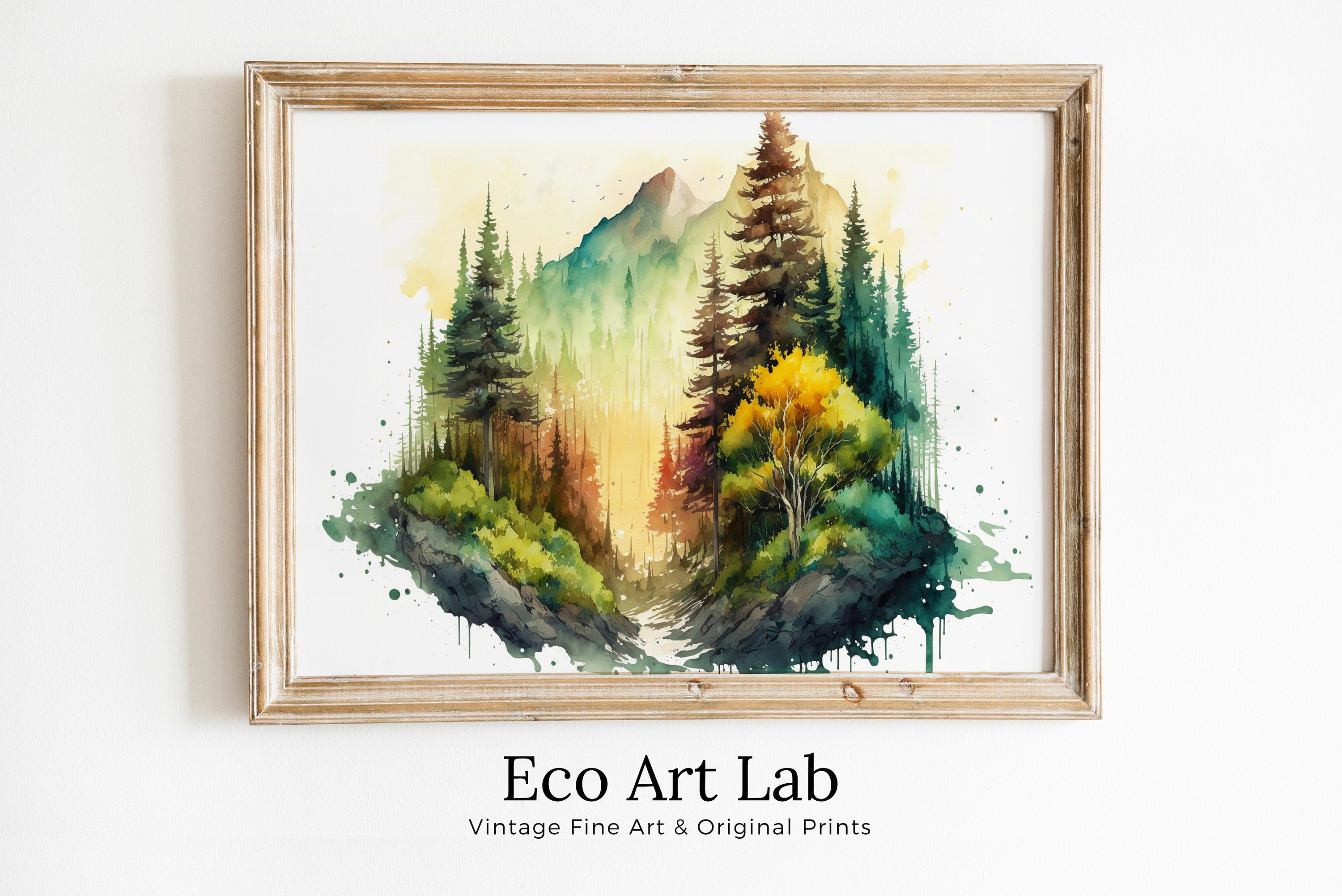 Watercolor Forest Landscape Printable. Digital Art. Green Forest Trees Painting Print. Printable Wall Art. Nature Decor. Mountain Forest Art