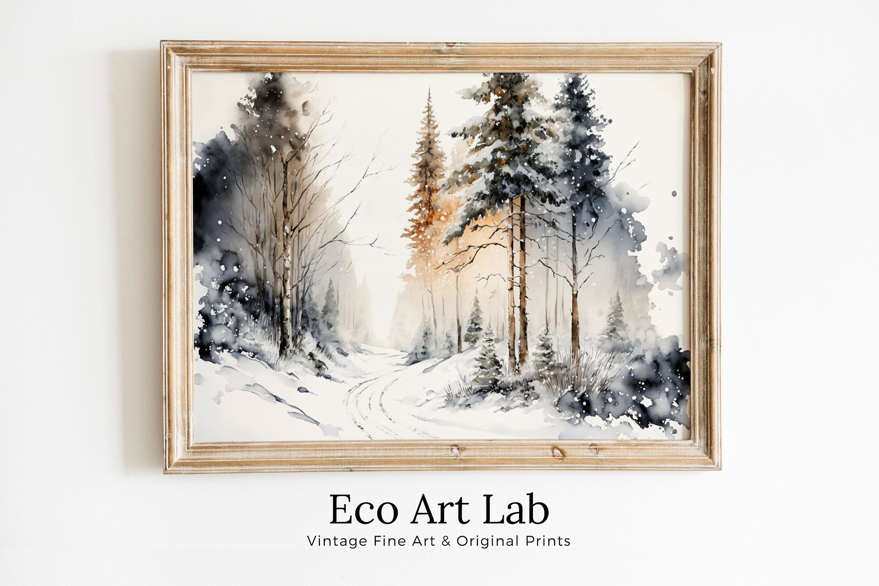 Winter Forest Trail Watercolor Landscape Printable Art. Green Forest Trees Painting Print. Printable Wall Art. Digital Forest Nature Decor