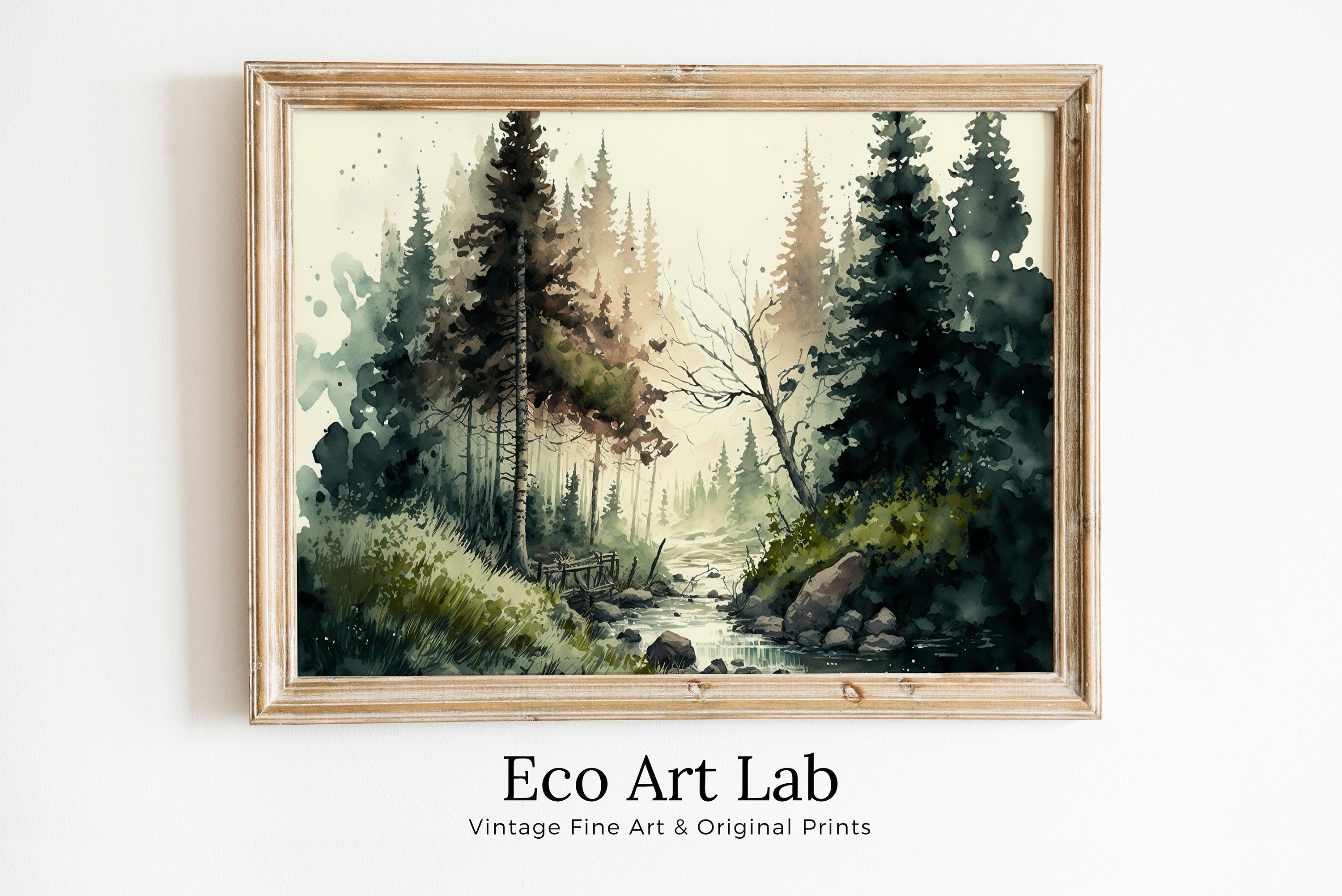 Watercolor Forest Landscape Printable. Printable Wall Art. Digital Art. Green Forest Trees Painting Print. Nature Decor. Mountain Forest Art
