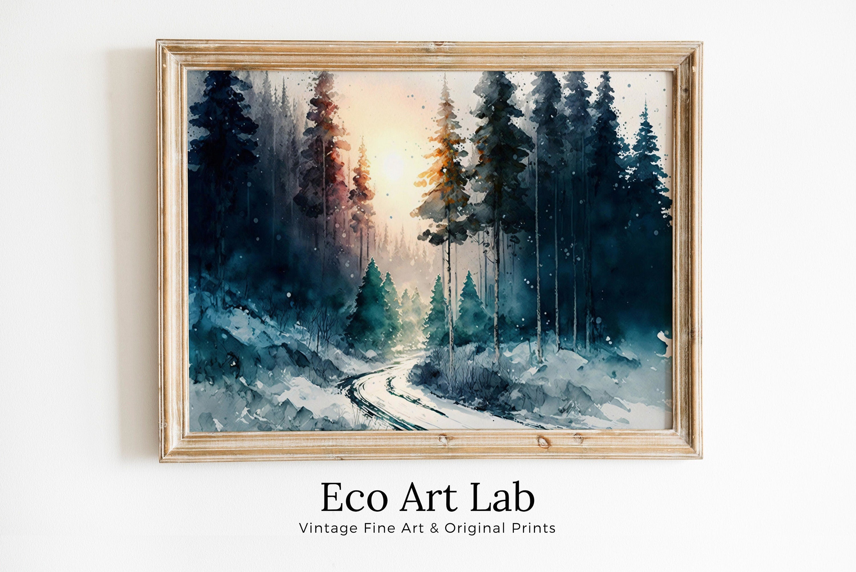 Watercolor Winter Forest Trail Landscape Printable Art. Green Forest Trees Painting Print. Printable Wall Art. Digital Forest Nature Decor