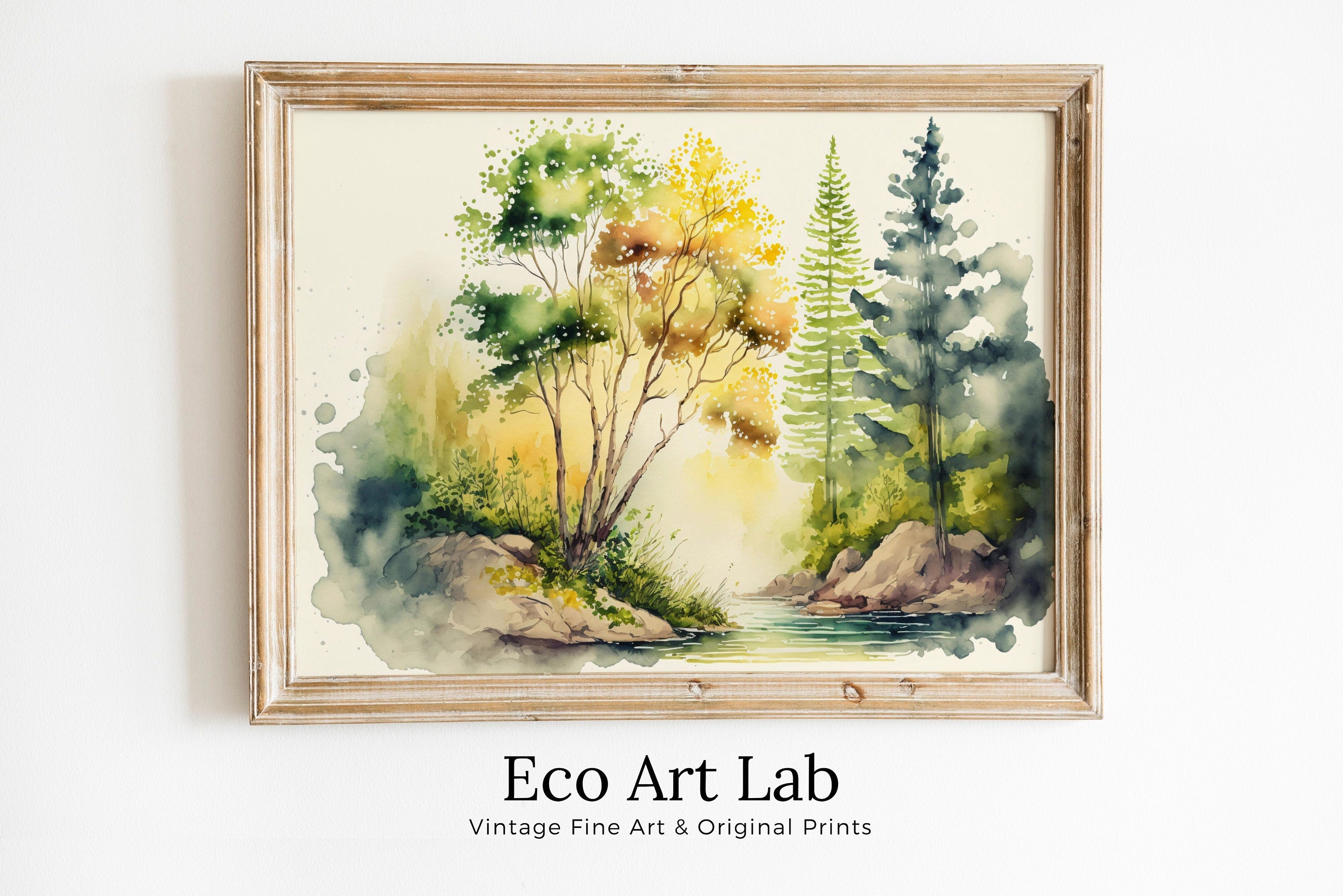 Watercolor Forest River Landscape Printable. Forest Trees Painting Print. Printable Wall Art. Digital Art. Nature Decor. Abstract Forest Art
