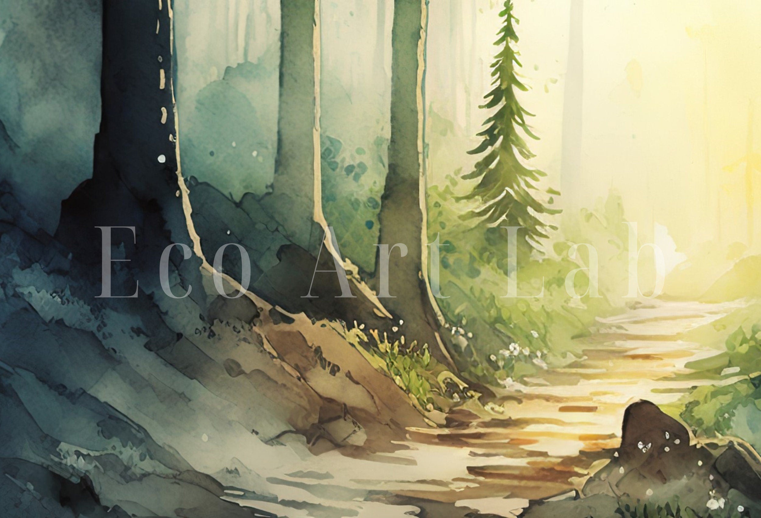 Watercolor Forest Landscape Printable. Printable Wall Art. Colorful Forest Trees Painting Print. Digital Art. Nature Decor. Forest Painting