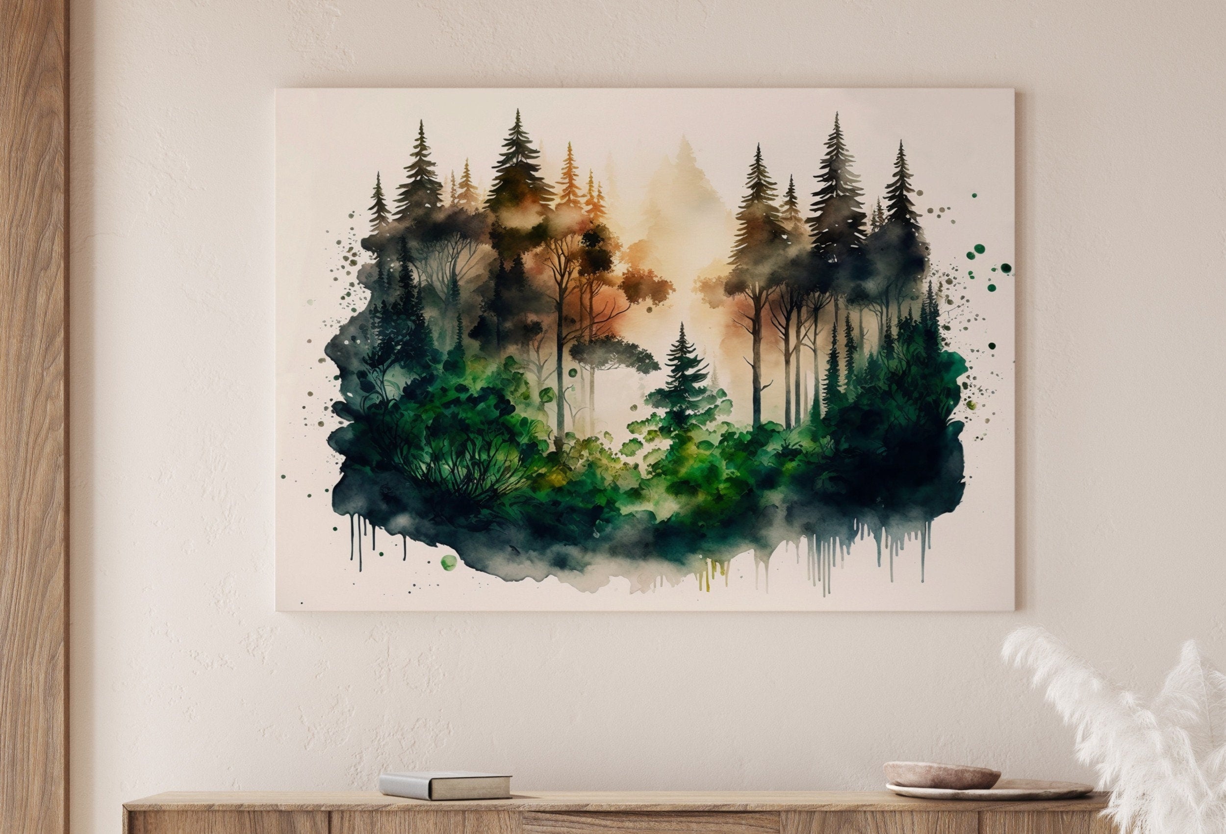 Watercolor Abstract Forest Landscape Printable. Minimalist Forest Trees Painting Print. Printable Wall Art. Nature Decor. Forest Digital Art
