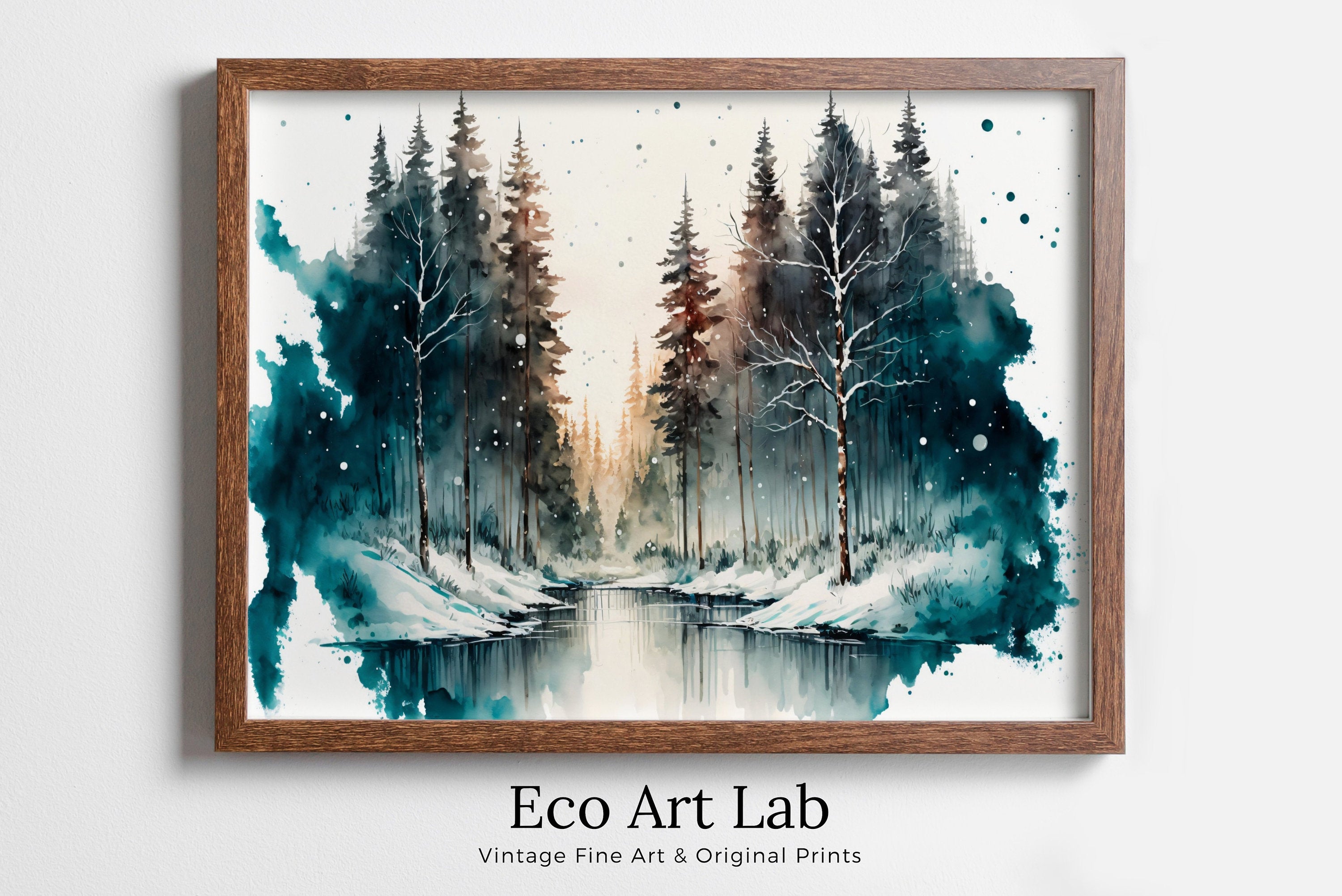 Watercolor Winter Forest River Landscape Printable Art. Green Forest Trees Painting Print. Printable Wall Art. Digital Forest Nature Decor