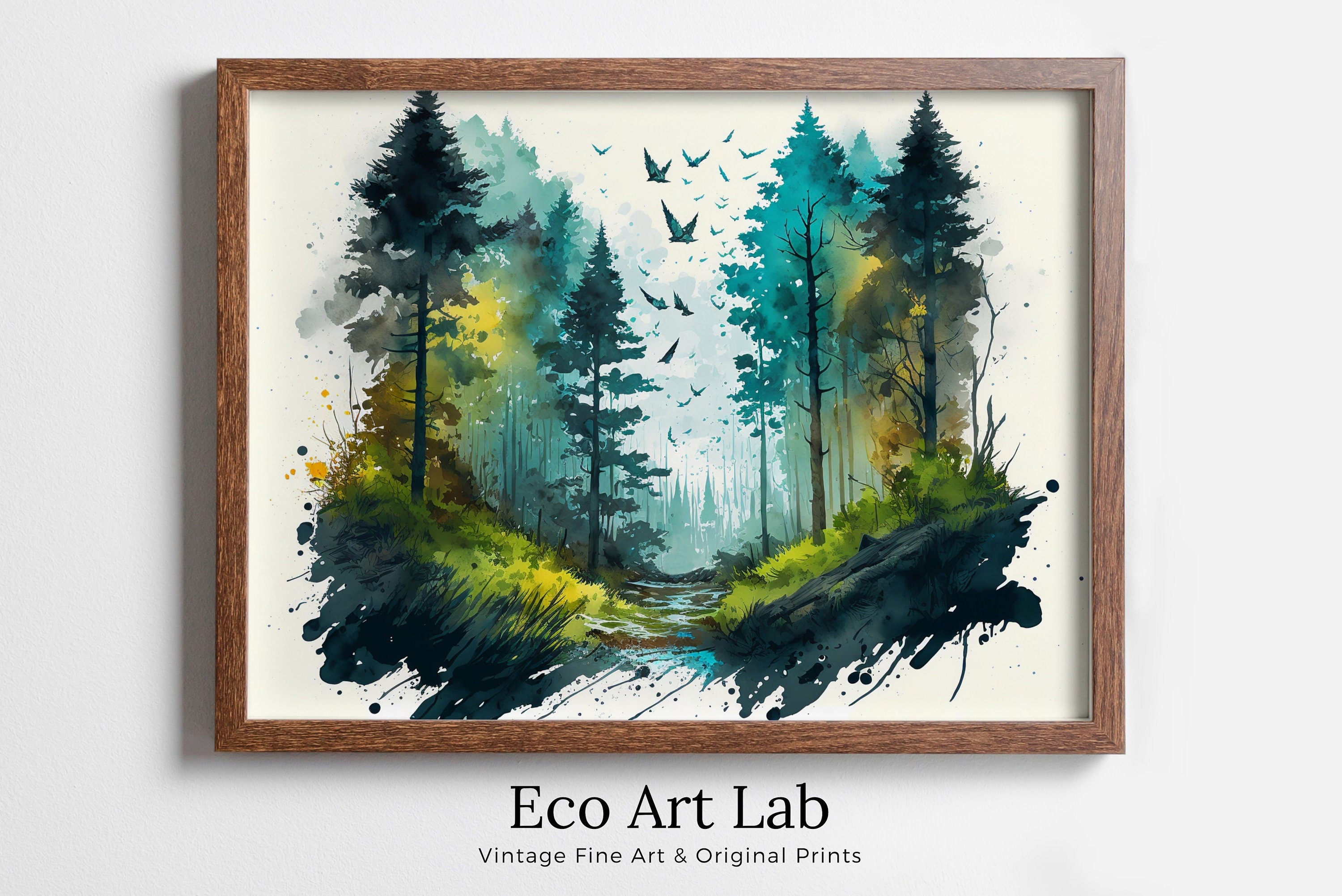 Watercolor Forest Landscape Printable. Printable Wall Art. Green Forest with Birds. Trees Painting Print. Nature Decor. Mountain Forest Art