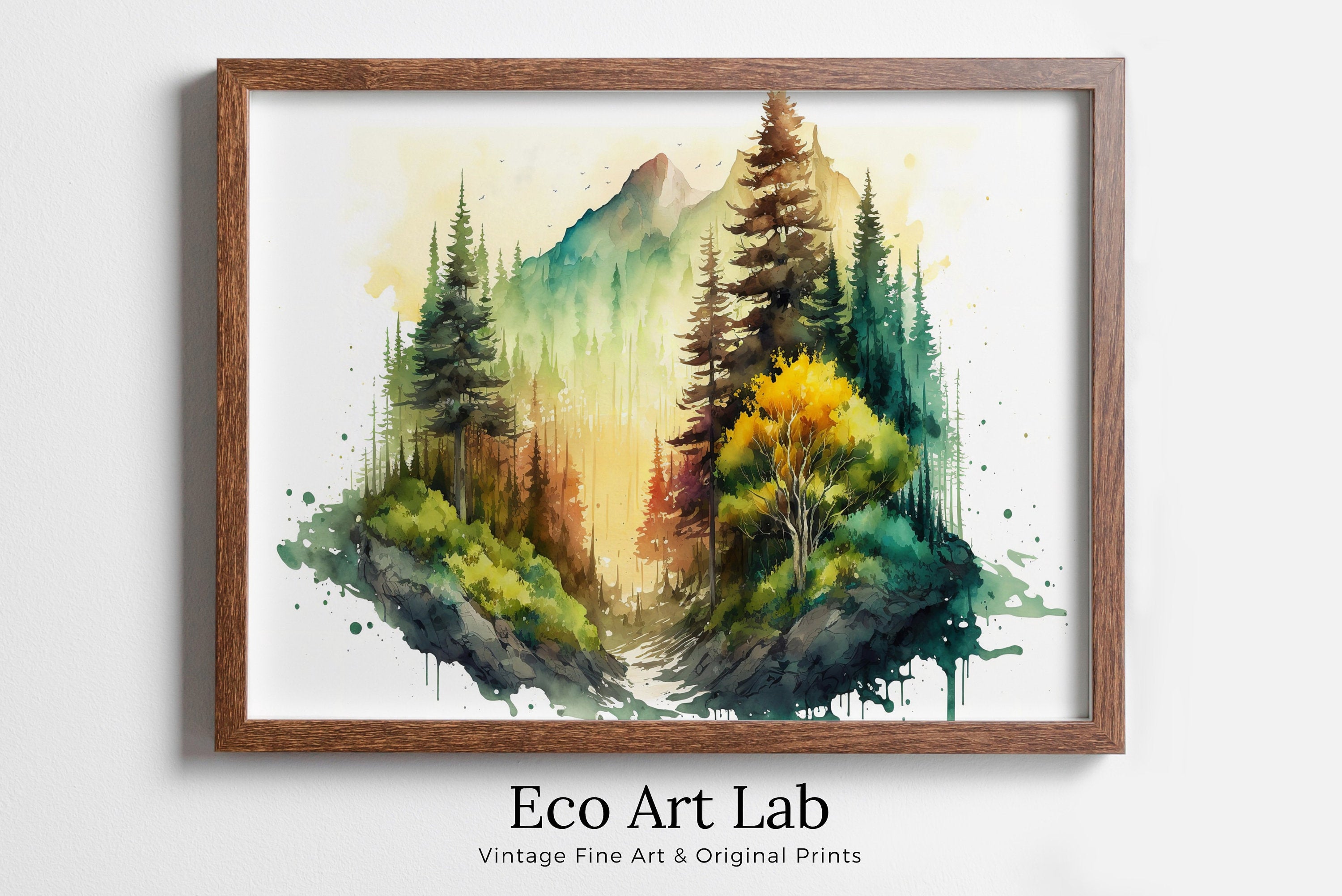 Watercolor Forest Landscape Printable. Digital Art. Green Forest Trees Painting Print. Printable Wall Art. Nature Decor. Mountain Forest Art