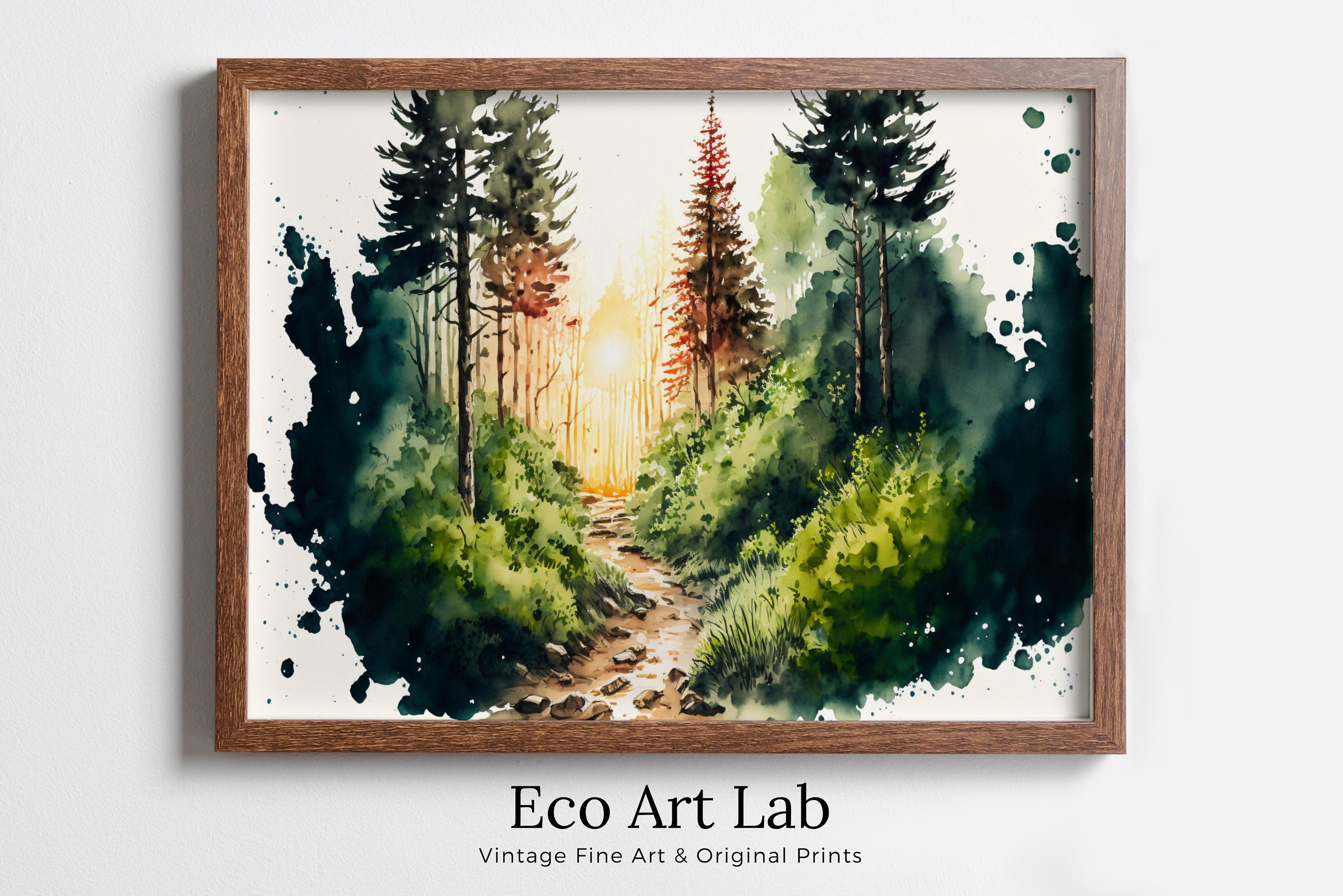 Watercolor Forest Landscape Printable. Green Forest Trees Painting Print. Printable Wall Art. Digital Art. Nature Decor. Mountain Forest Art