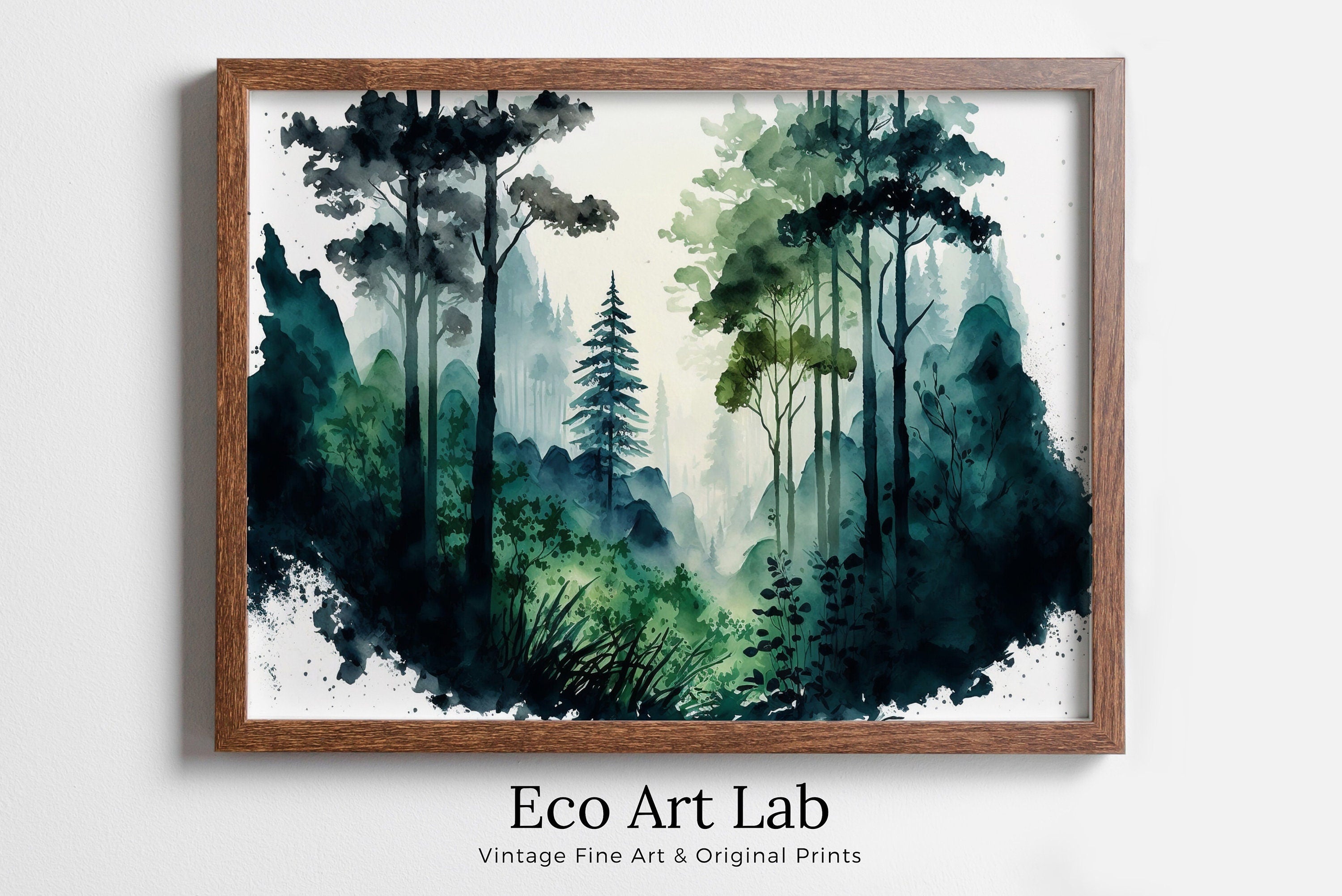 Watercolor Forest Landscape Printable. Printable Wall Art. Green Forest Trees Painting Print. Digital Art. Nature Decor. Forest Painting Art