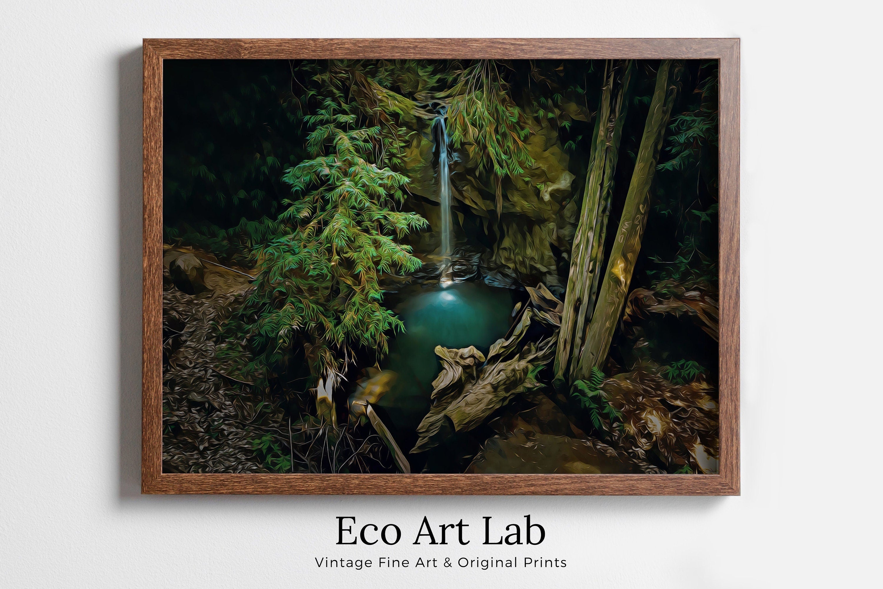 Waterfall Painting Printable Wall Art. Instant Download Print of a Waterfall Pouring Down Into a Pond in the Woods. Nature Print Home Decor
