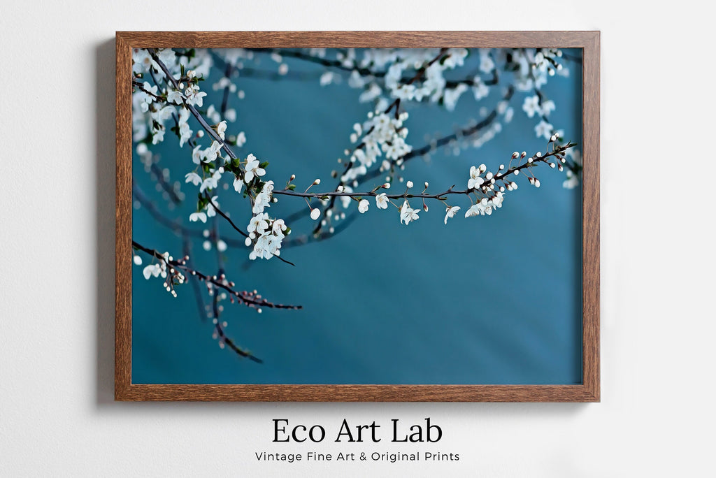 White Blossom Tree Branch Printable Wall Art. Cherry Blossom Sakura Tree Floral Wall Art Print. Blue Wall Art Floral Poster Botanical Art