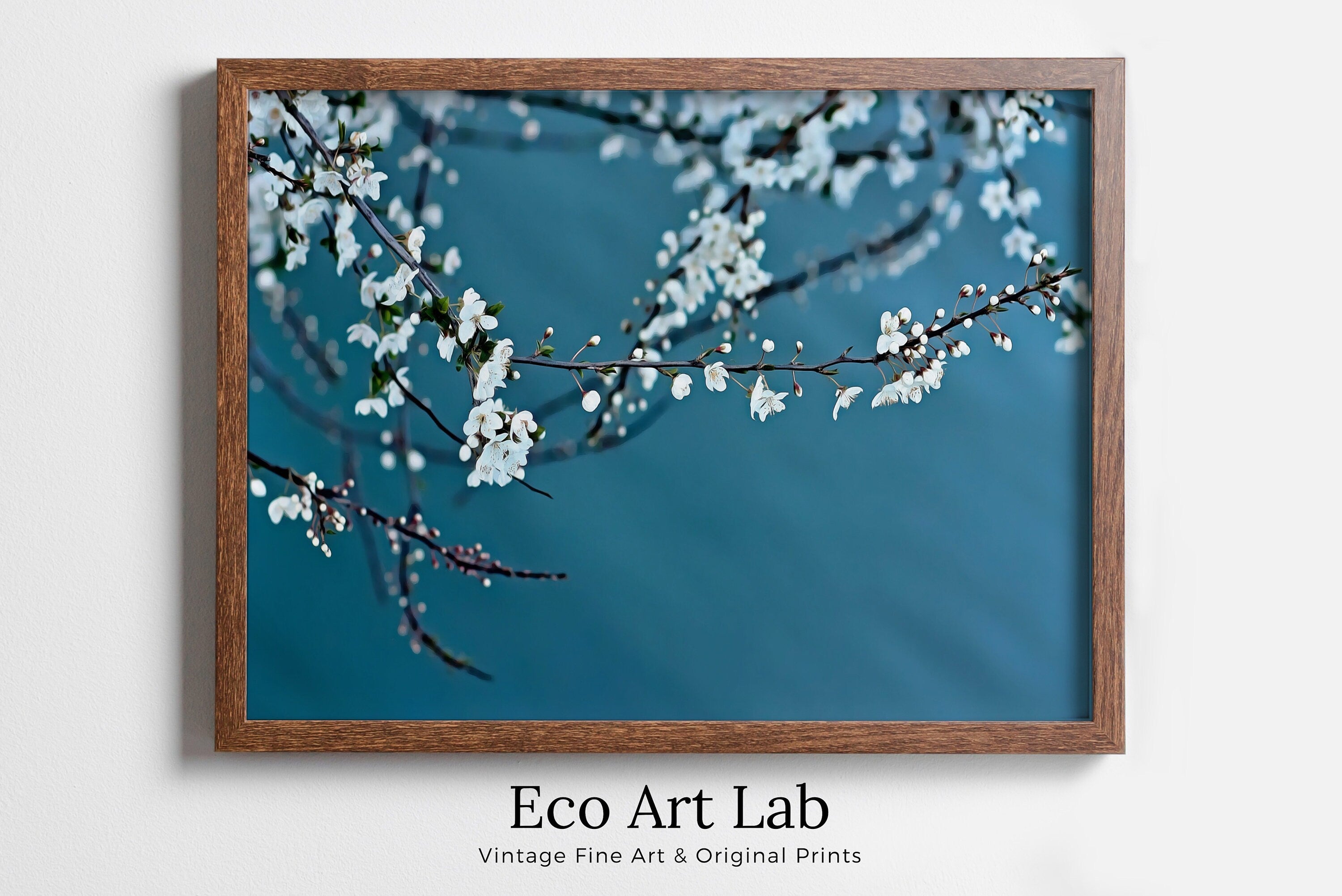 White Blossom Tree Branch Printable Wall Art. Cherry Blossom Sakura Tree Floral Wall Art Print. Blue Wall Art Floral Poster Botanical Art
