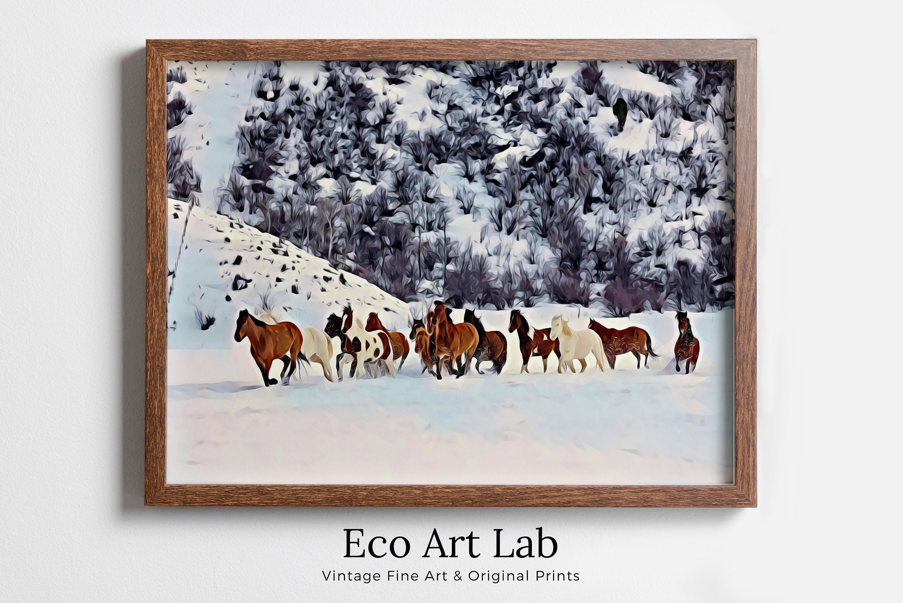 Wild Horses in Snow Digital Art Print. Horse Painting Animal Wall Art. Horse Poster Wall Decor, Horse Printable, Horse Photography