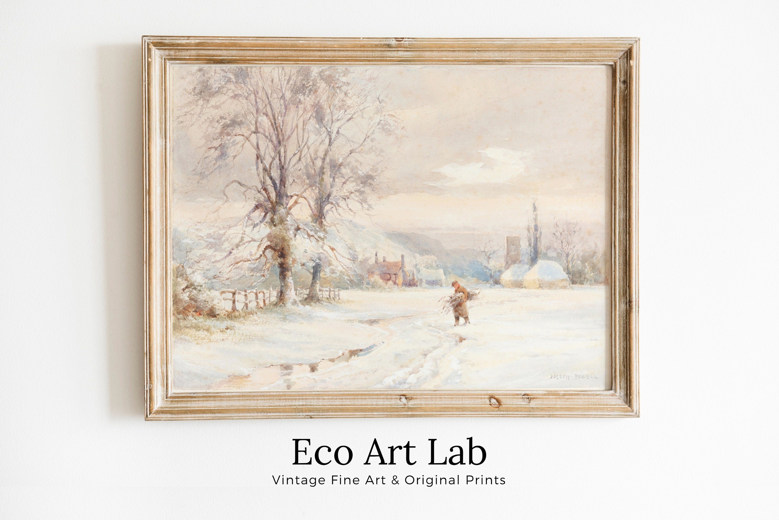 Winter Farm Town Painting Vintage Landscape Print. Country Soft Colors Watercolor Painting Winter Landscape. Farmhouse Country Art Print