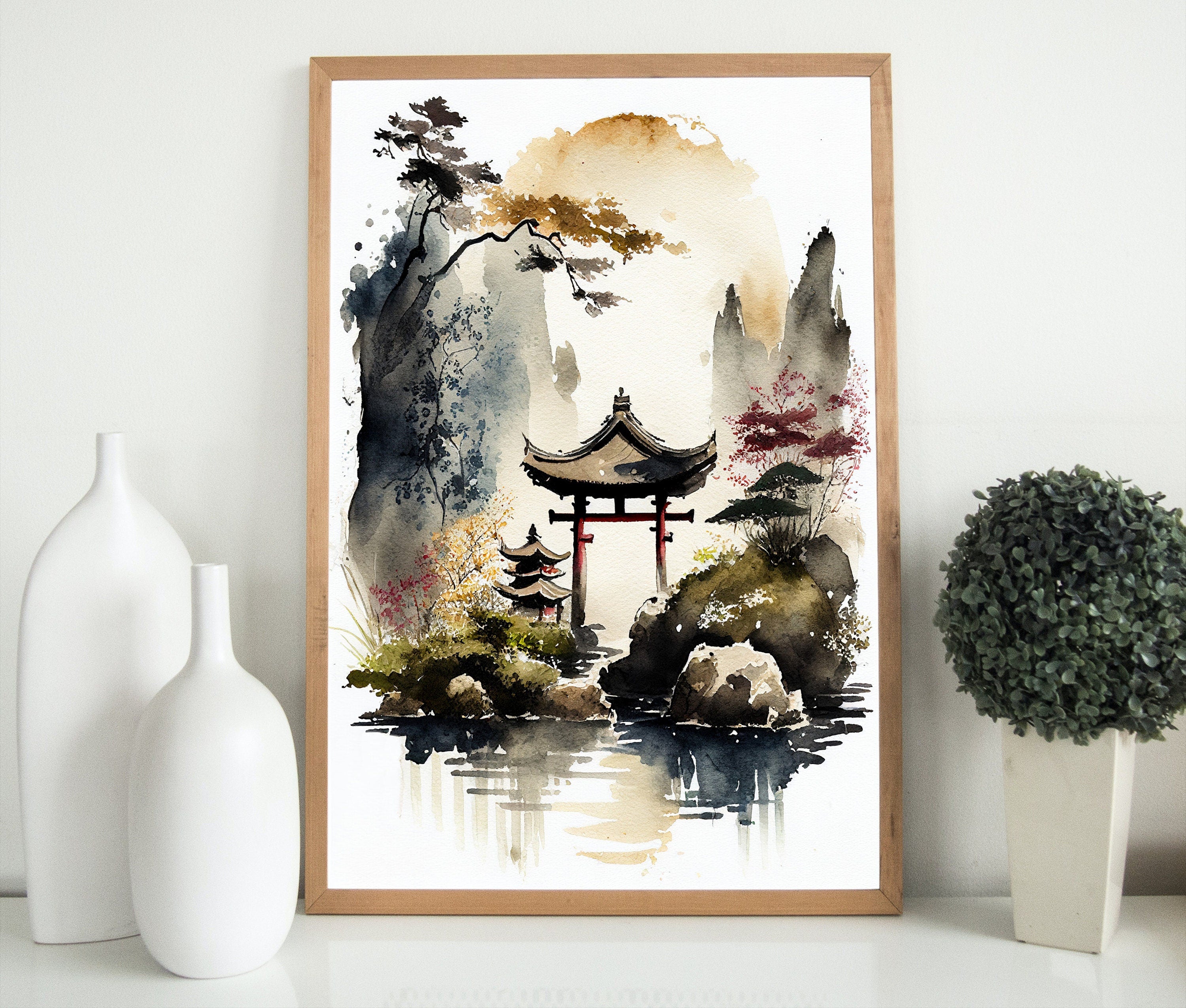 Zen Garden Printable Wall Art. Japandi Landscape. Instant Download Watercolor Zen Art. Japanese Wall Art. Spiritual Painting. Asian Wall Art