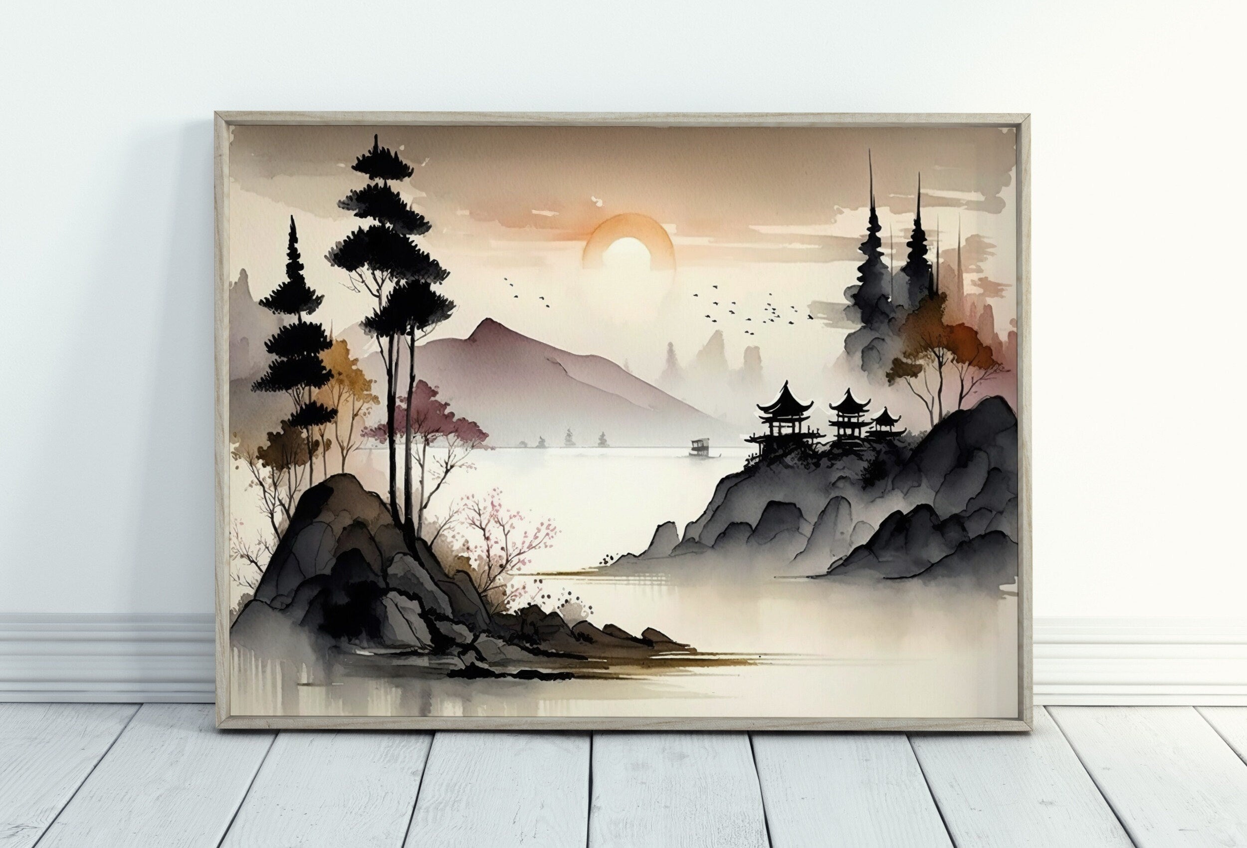 Zen Printable Nature Art. Abstract Japanese Mountain Watercolor Painting. Colorful Forest Landscape. Mountain Forest Art. Printable Wall Art