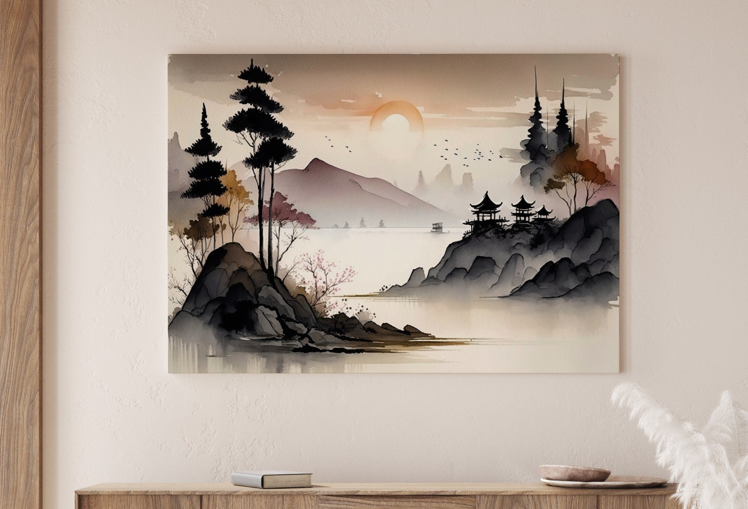 Zen Printable Nature Art. Abstract Japanese Mountain Watercolor Painting. Colorful Forest Landscape. Mountain Forest Art. Printable Wall Art