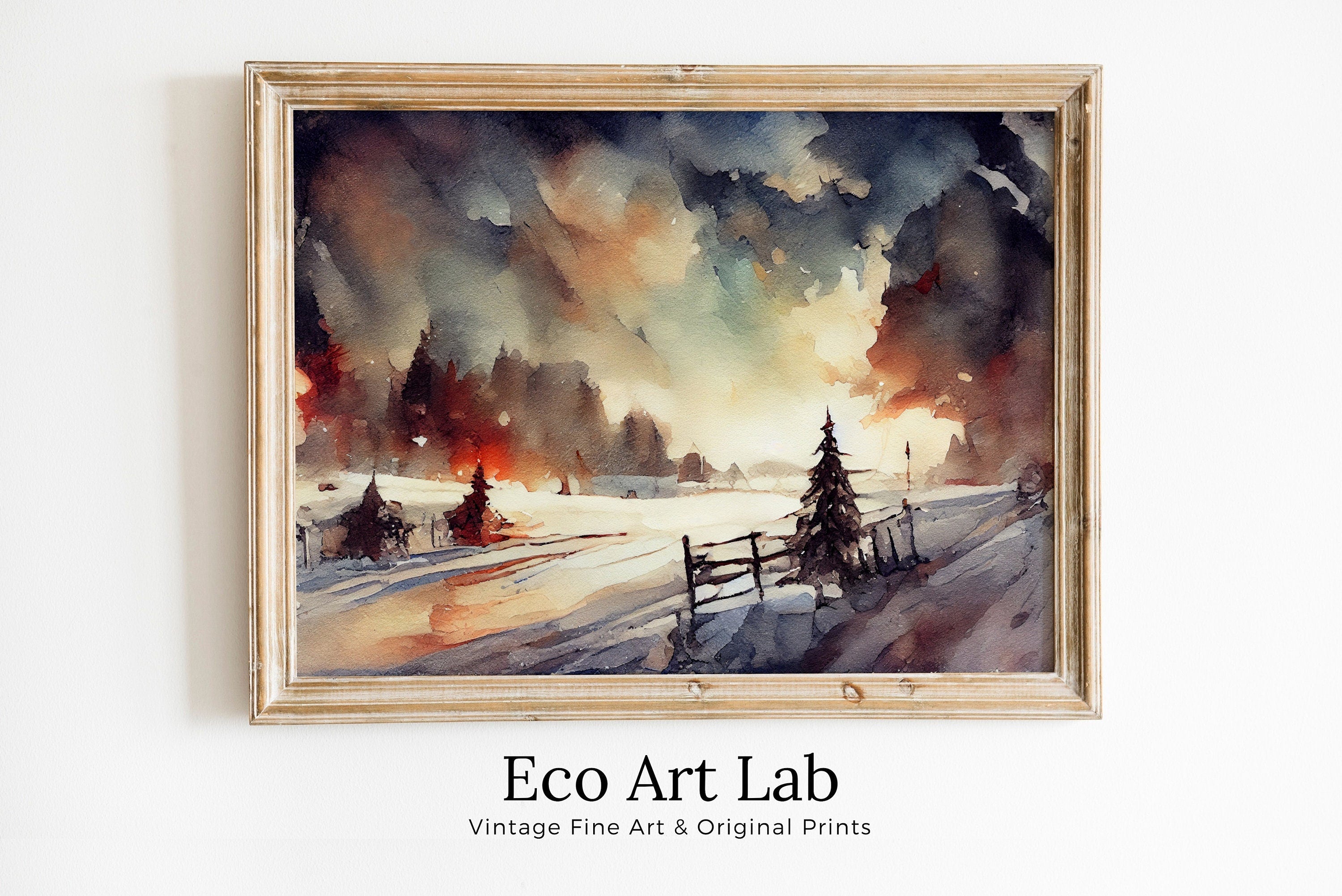 Winter Landscape Painting. Watercolor Printable Art. Snowy Sunset Rustic Country Print. Farmhouse Decor Digital Download. Vintage Style Art