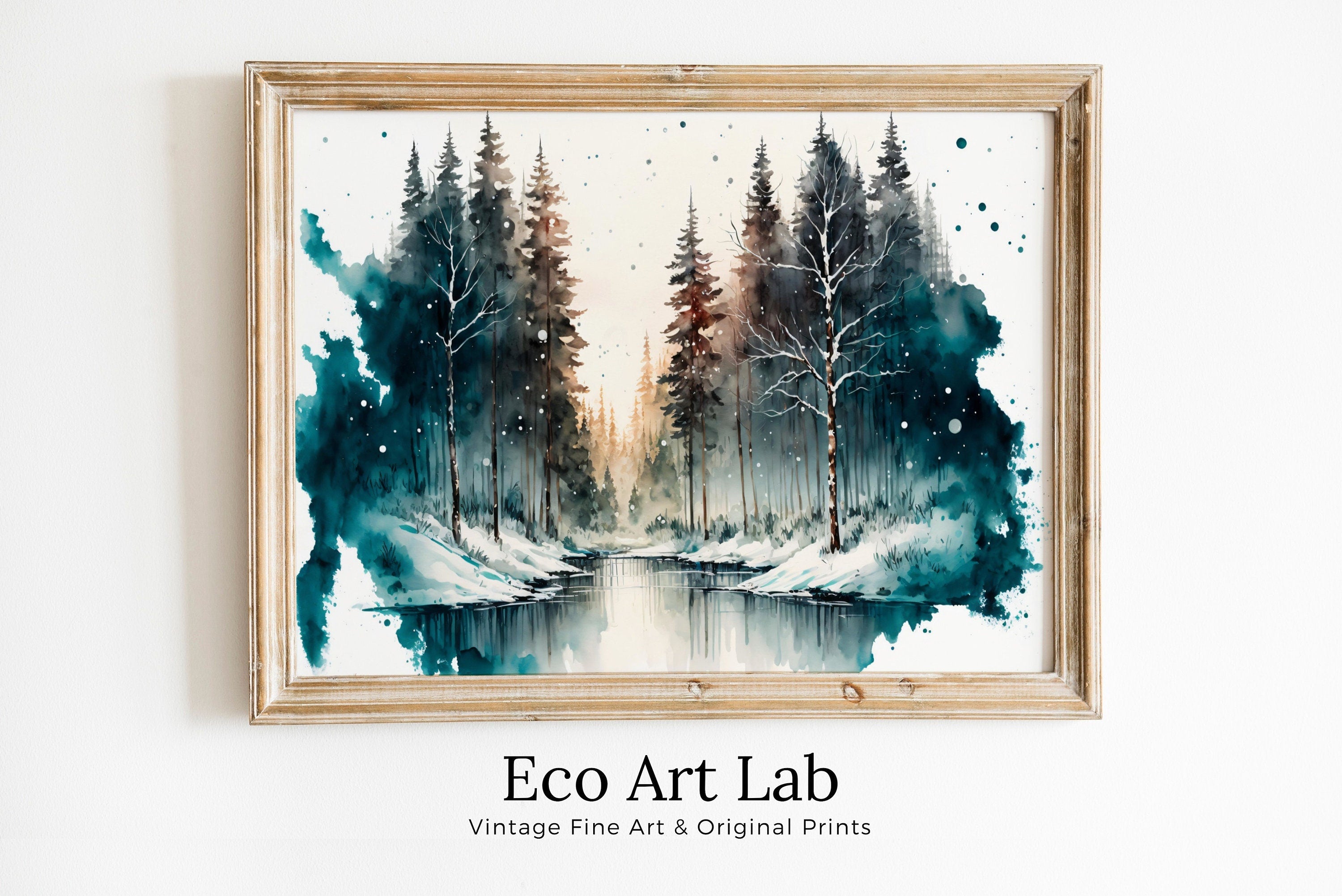 Watercolor Winter Forest River Landscape Printable Art. Green Forest Trees Painting Print. Printable Wall Art. Digital Forest Nature Decor