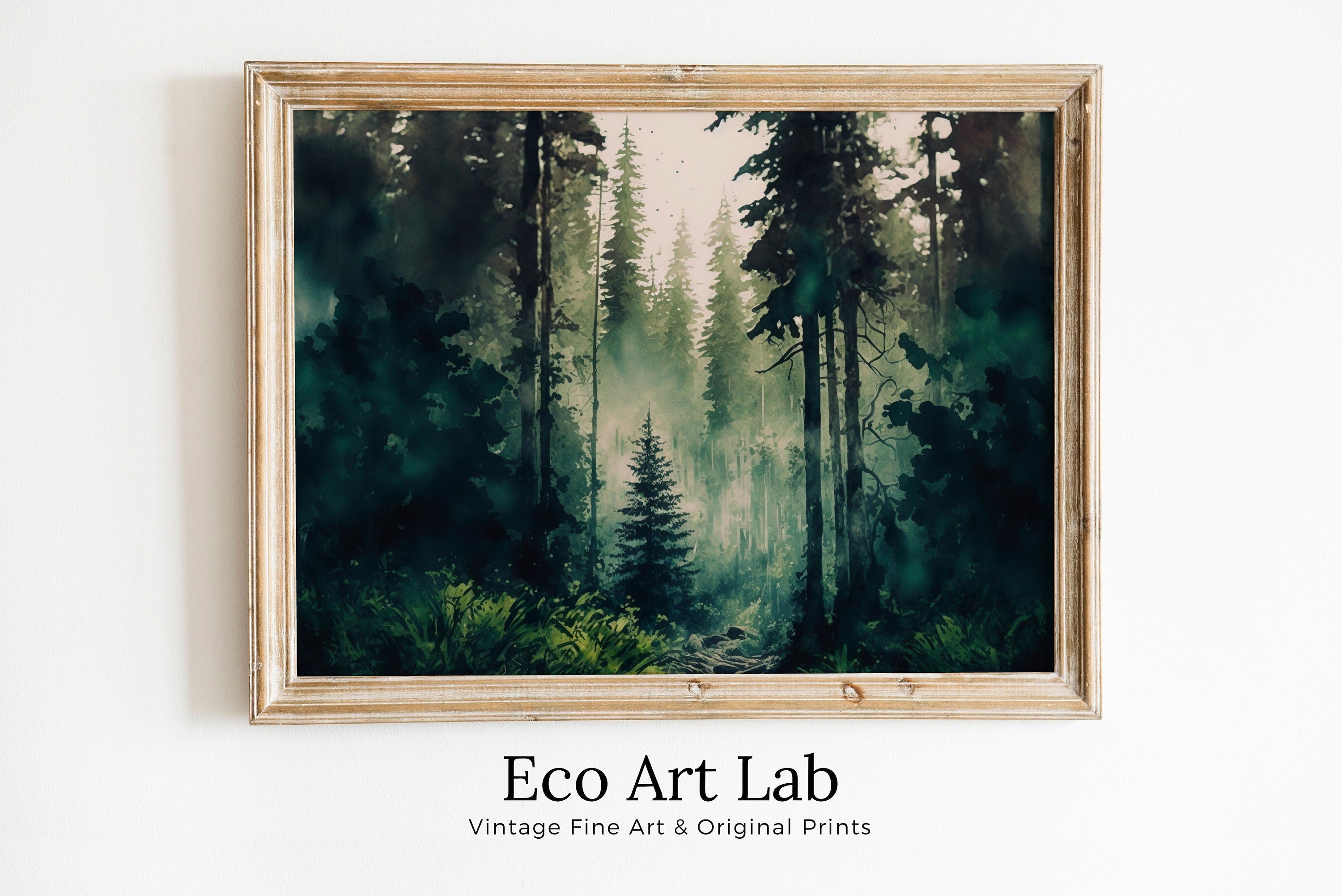 Watercolor Dense Forest Landscape Printable. Printable Wall Art. Digital Art. Green Forest Trees Painting Print. Nature Decor. Forest Art
