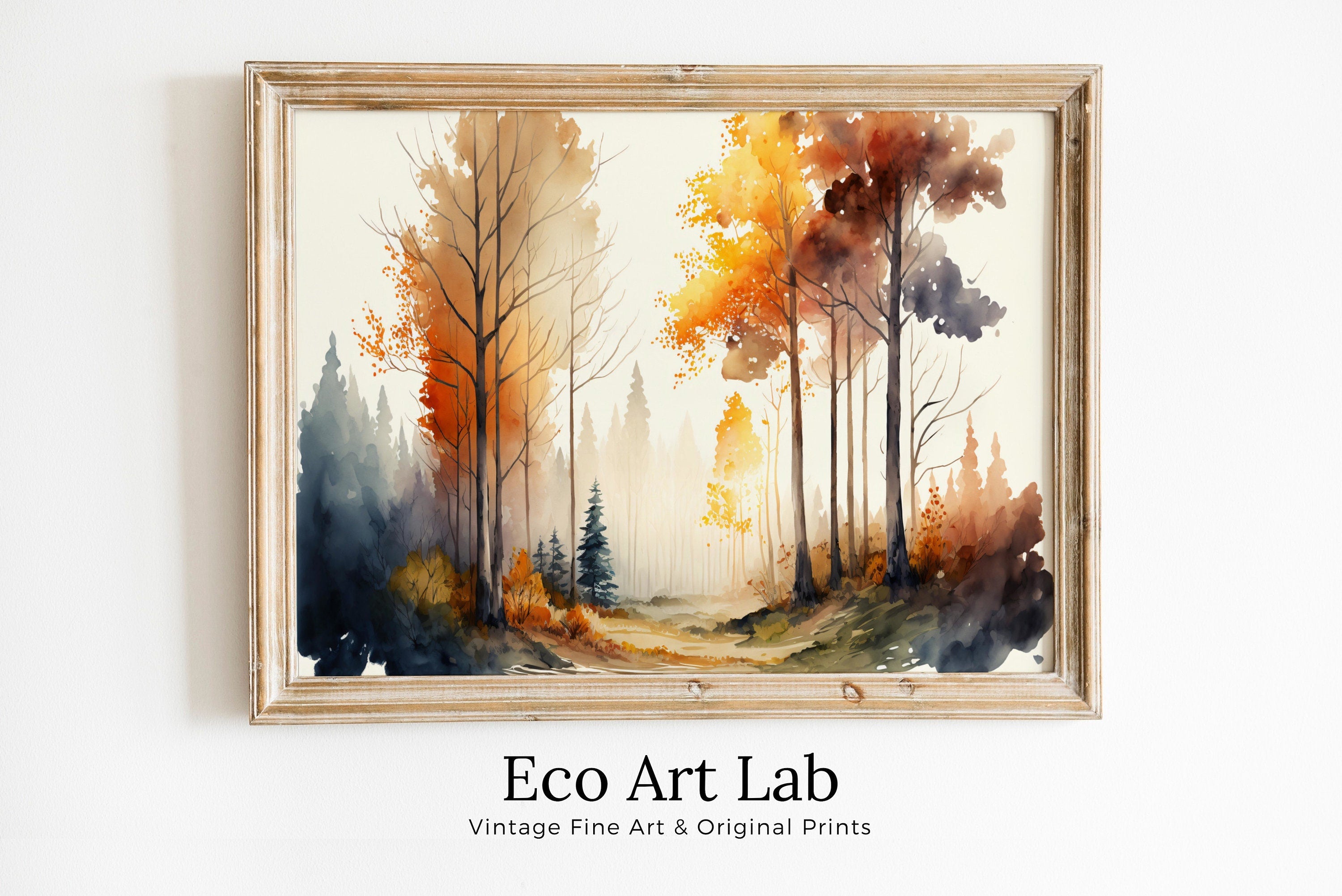Watercolor Autumn Forest Trees Painting Print. Forest Landscape Printable. Printable Wall Art. Digital Art Nature Decor. Mountain Forest Art