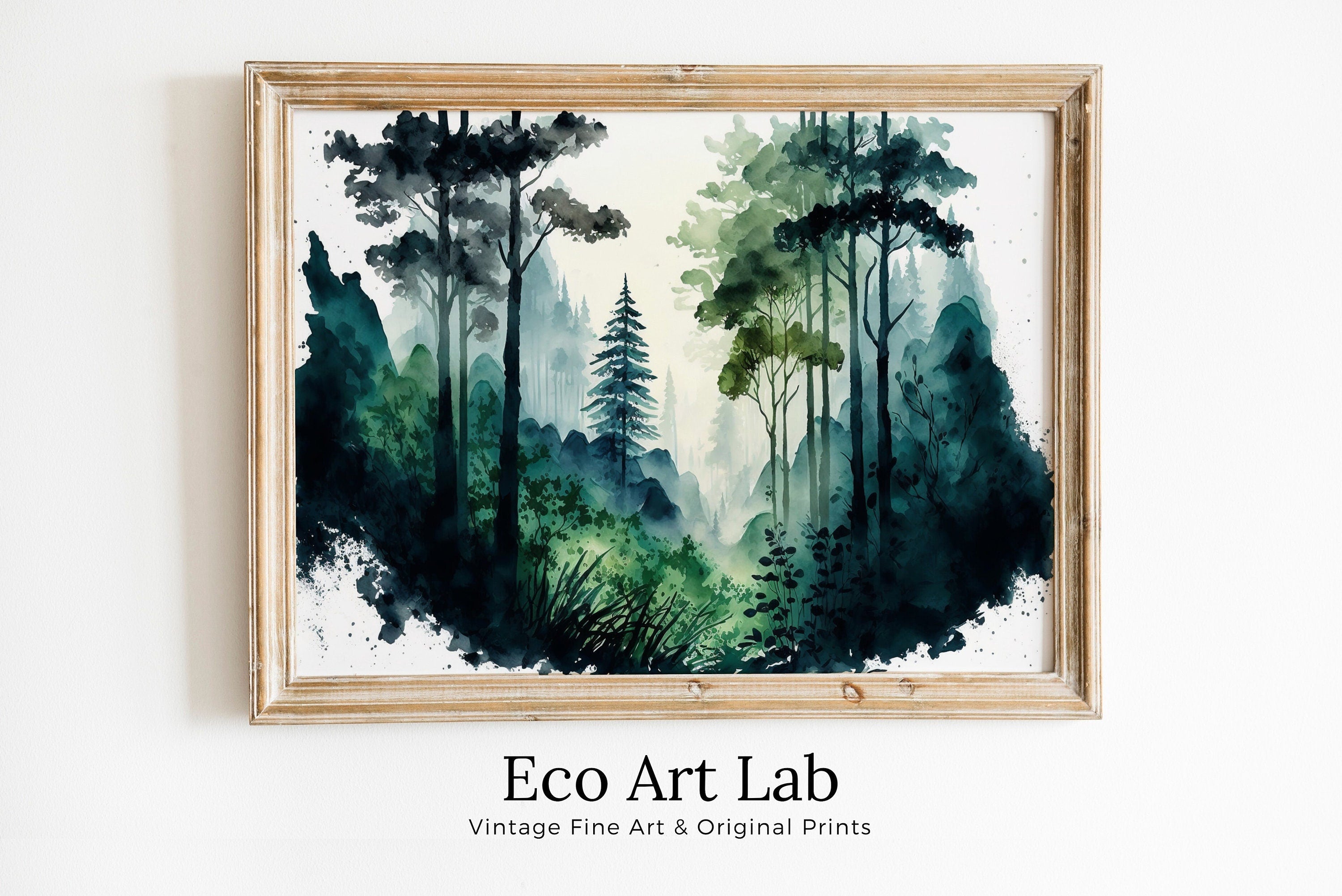 Watercolor Forest Landscape Printable. Printable Wall Art. Green Forest Trees Painting Print. Digital Art. Nature Decor. Forest Painting Art