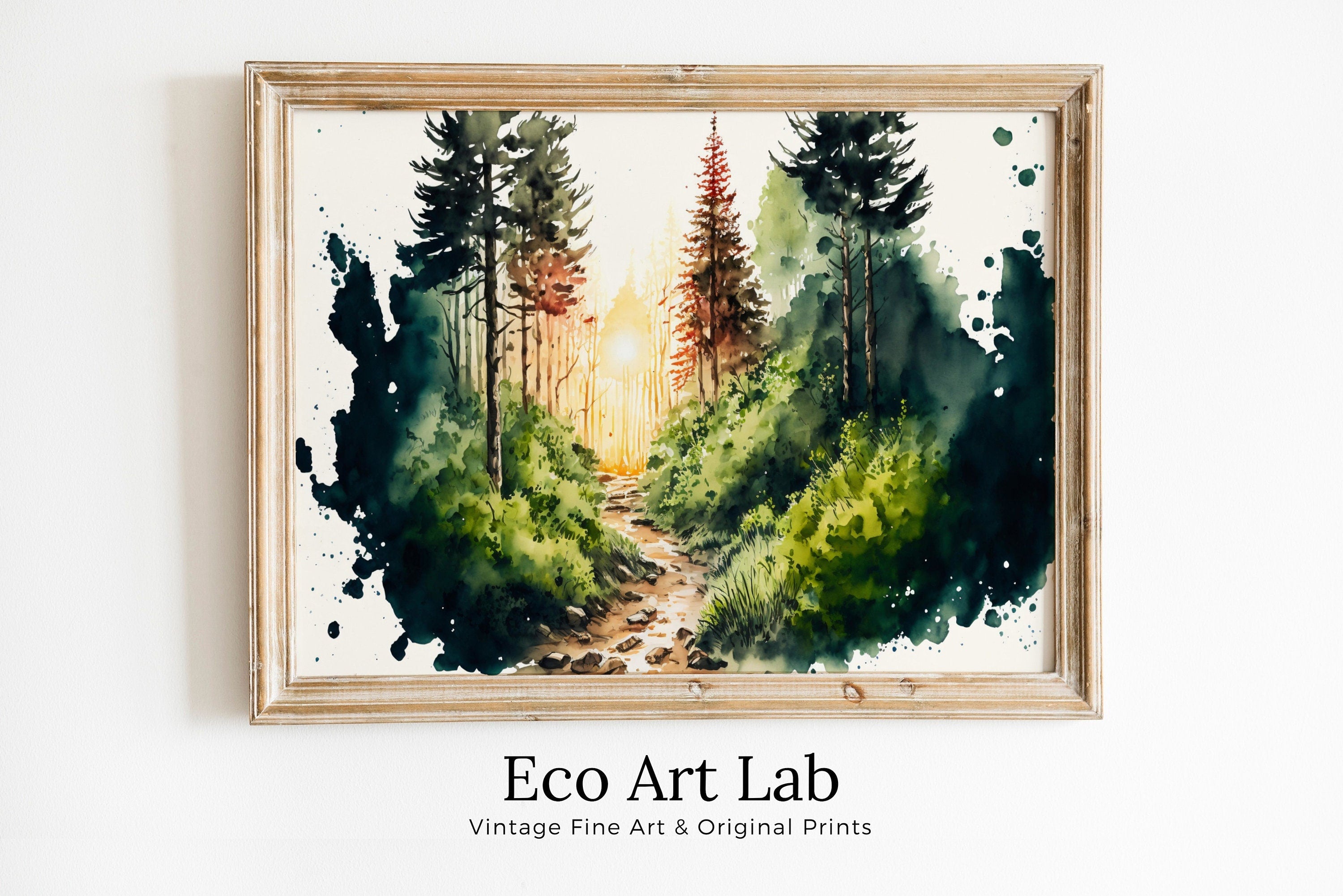 Watercolor Forest Landscape Printable. Green Forest Trees Painting Print. Printable Wall Art. Digital Art. Nature Decor. Mountain Forest Art