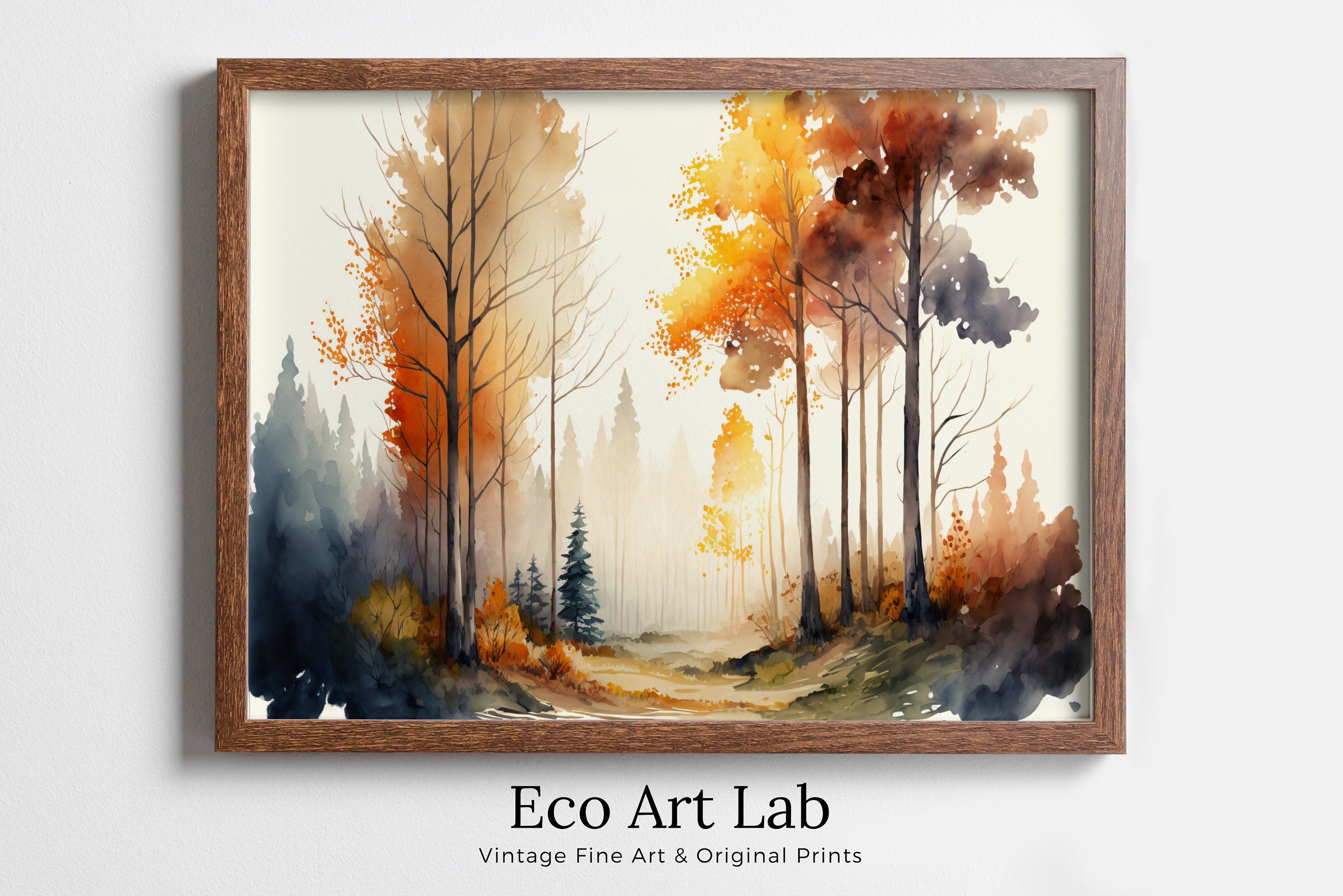Watercolor Autumn Forest Trees Painting Print. Forest Landscape Printable. Printable Wall Art. Digital Art Nature Decor. Mountain Forest Art