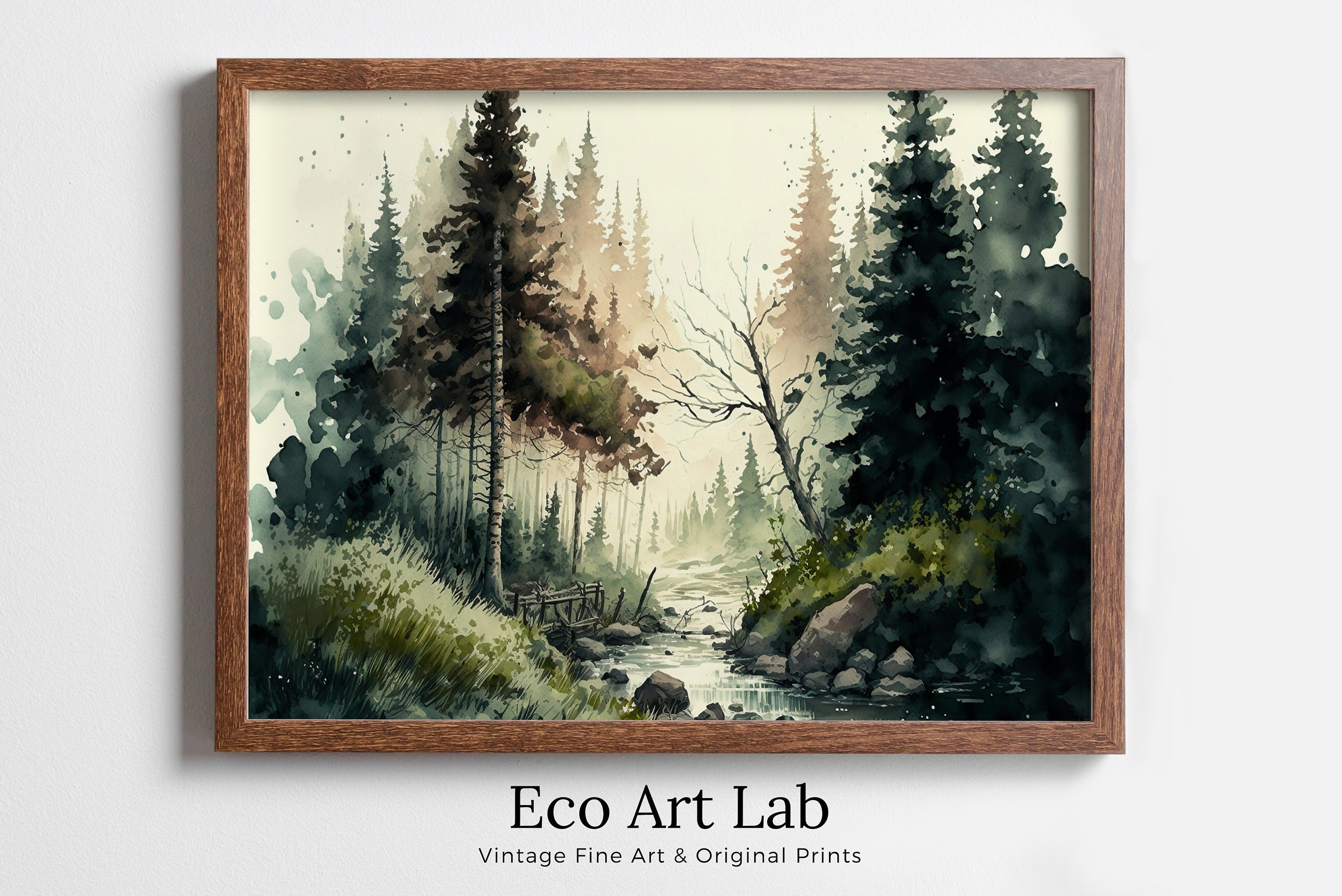 Watercolor Forest Landscape Printable. Printable Wall Art. Digital Art. Green Forest Trees Painting Print. Nature Decor. Mountain Forest Art